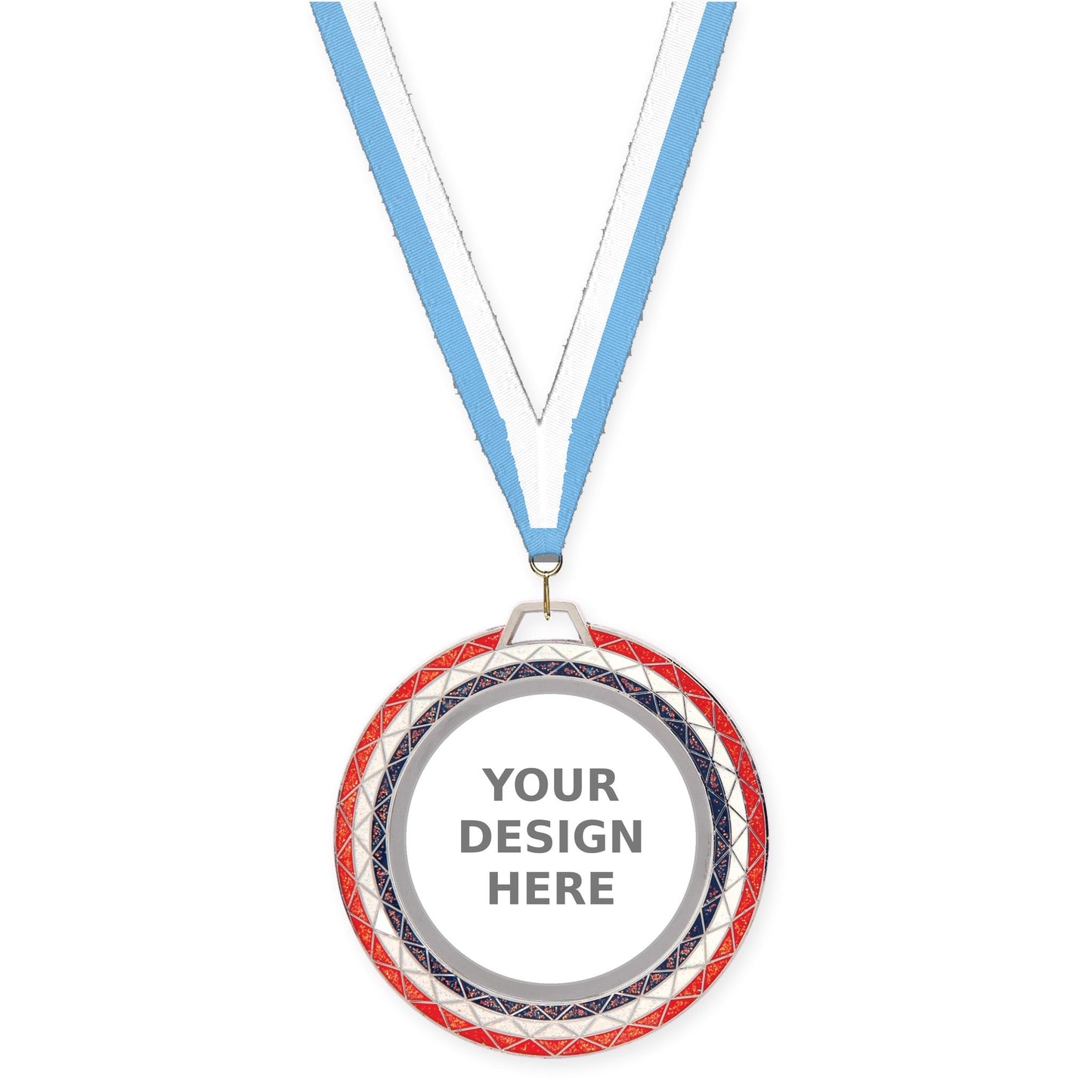 2 3/4 inch Bling insert medal in red white blue with Light Blue White neck ribbon