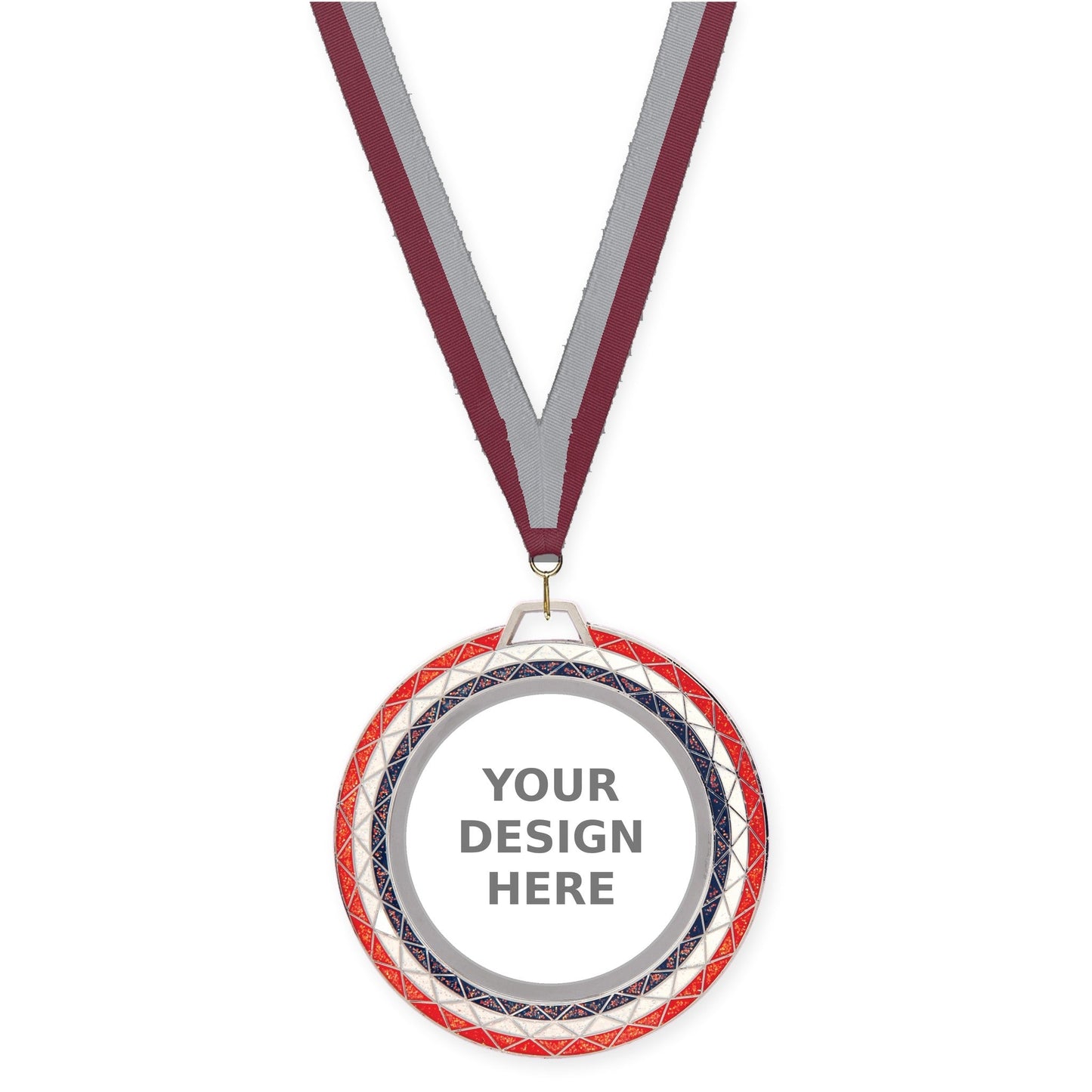 2 3/4 inch Bling insert medal in red white blue with Maroon Gray neck ribbon