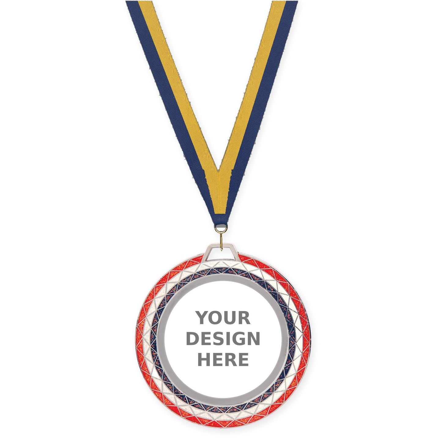2 3/4 inch Bling insert medal in red white blue with Navy Gold neck ribbon
