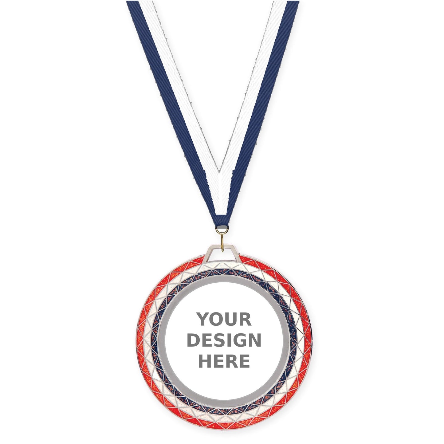 2 3/4 inch Bling insert medal in red white blue with Navy White neck ribbon