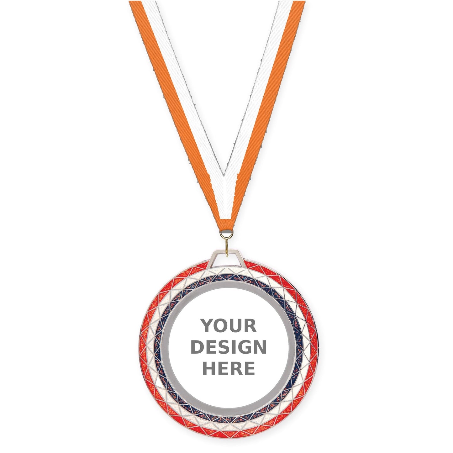 2 3/4 inch Bling insert medal in red white blue with Orange White neck ribbon