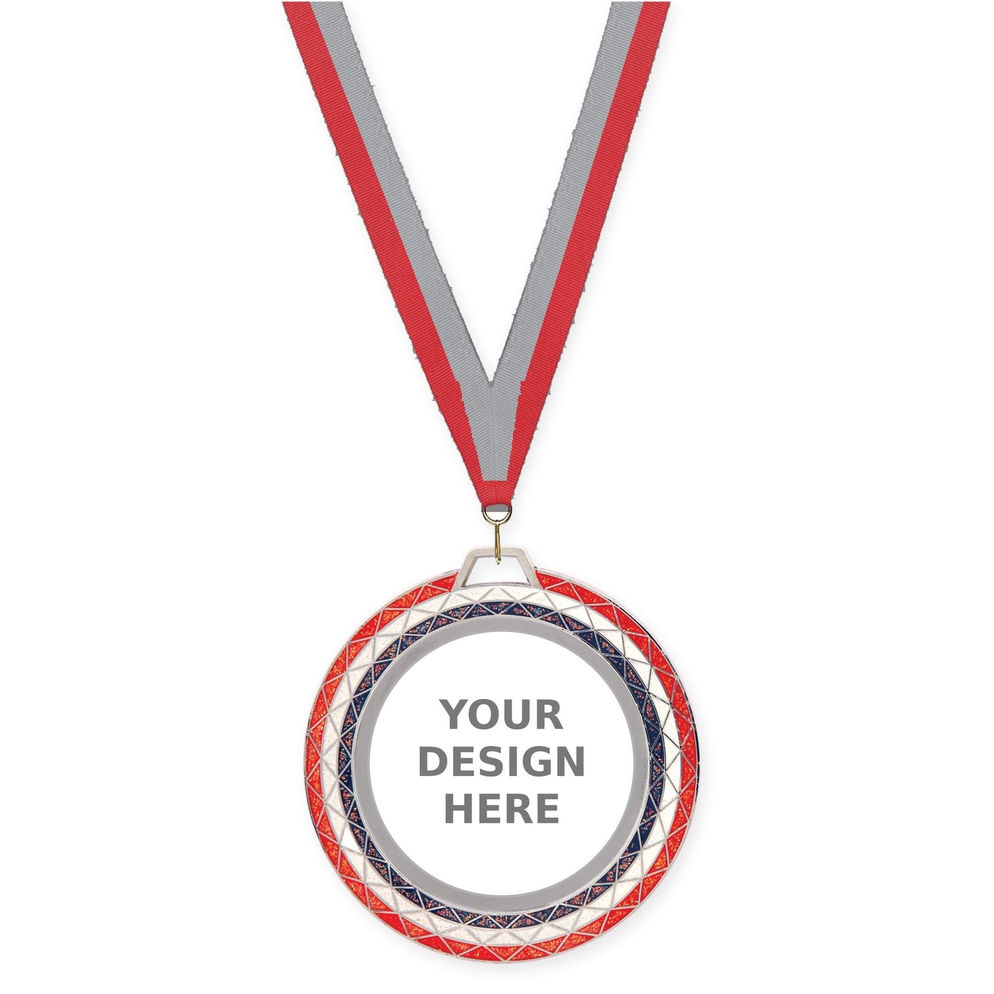 2 3/4 inch Bling insert medal in red white blue with Red Gray neck ribbon