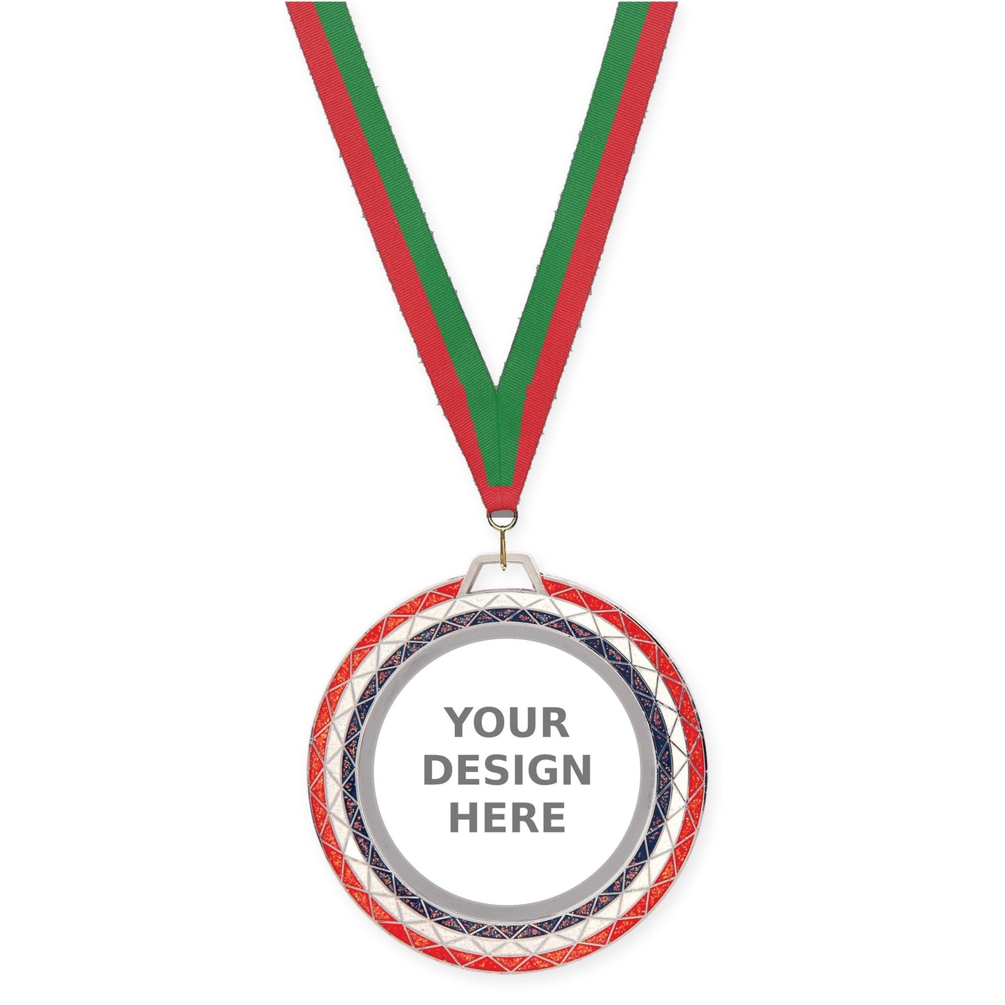2 3/4 inch Bling insert medal in red white blue with Red Green neck ribbon