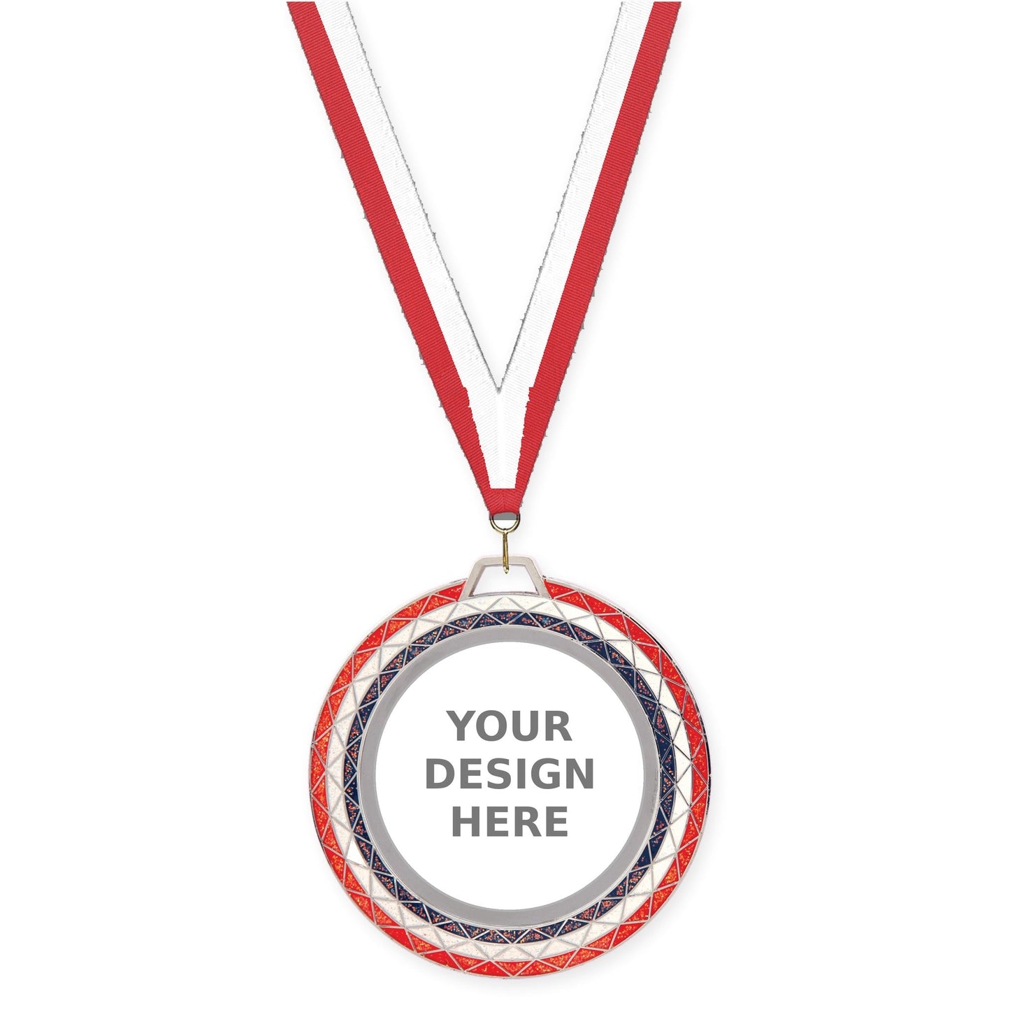 2 3/4 inch Bling insert medal in red white blue with Red White neck ribbon