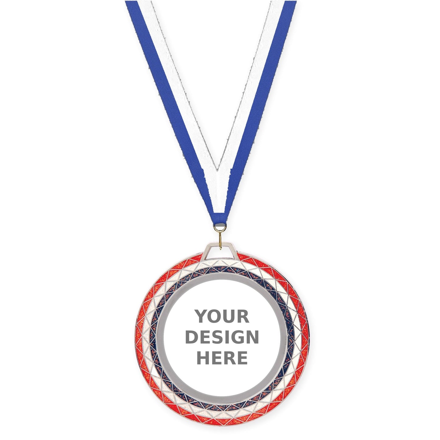 2 3/4 inch Bling insert medal in red white blue with Blue White neck ribbon