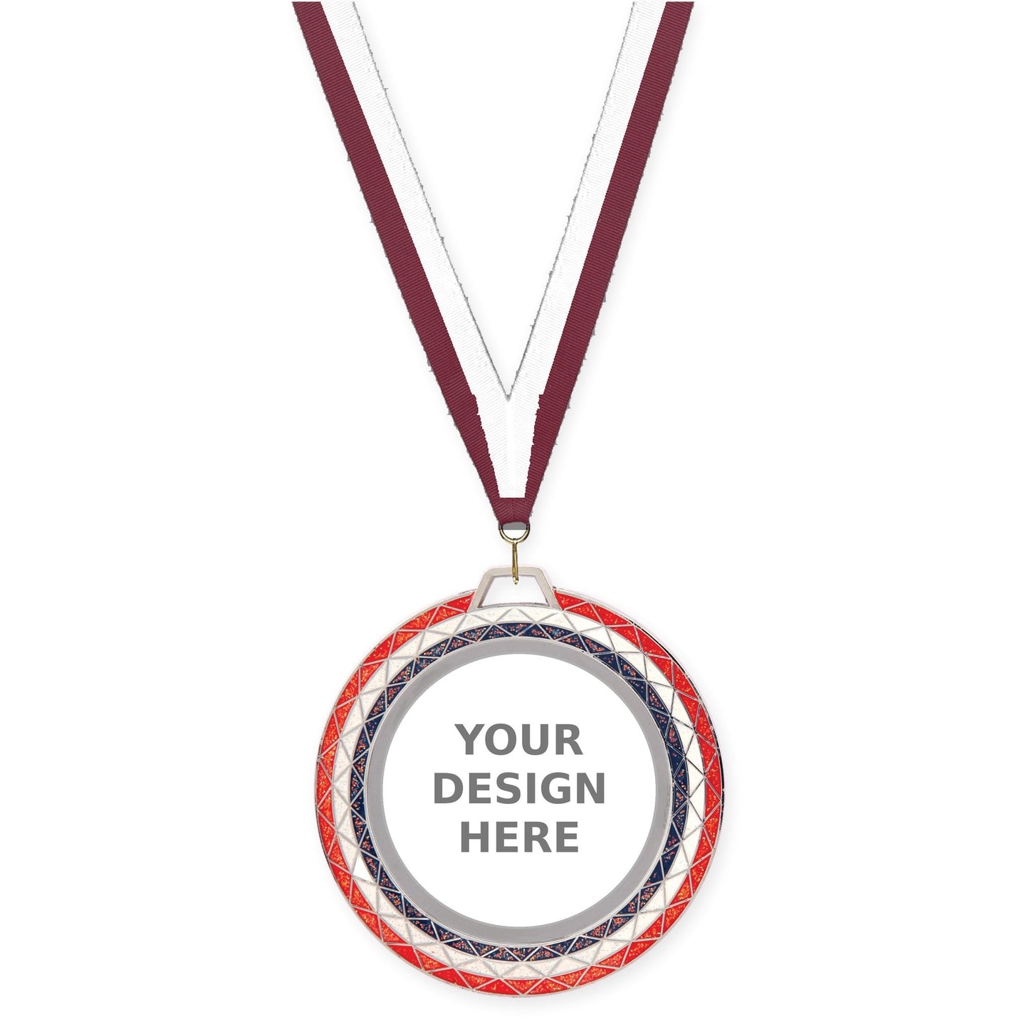 2 3/4 inch Bling insert medal in red white blue with Maroon White neck ribbon