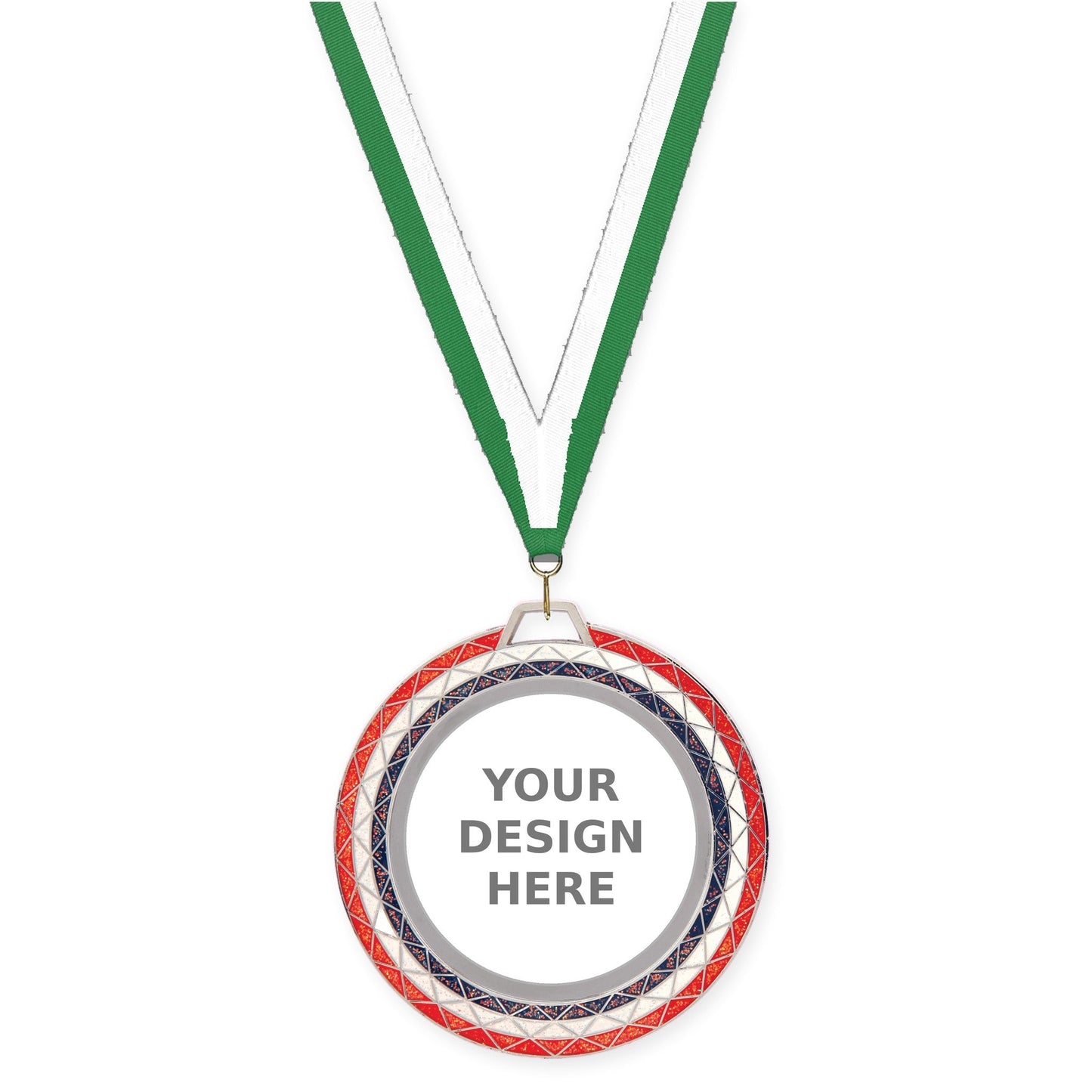 2 3/4 inch Bling insert medal in red white blue with Green White neck ribbon