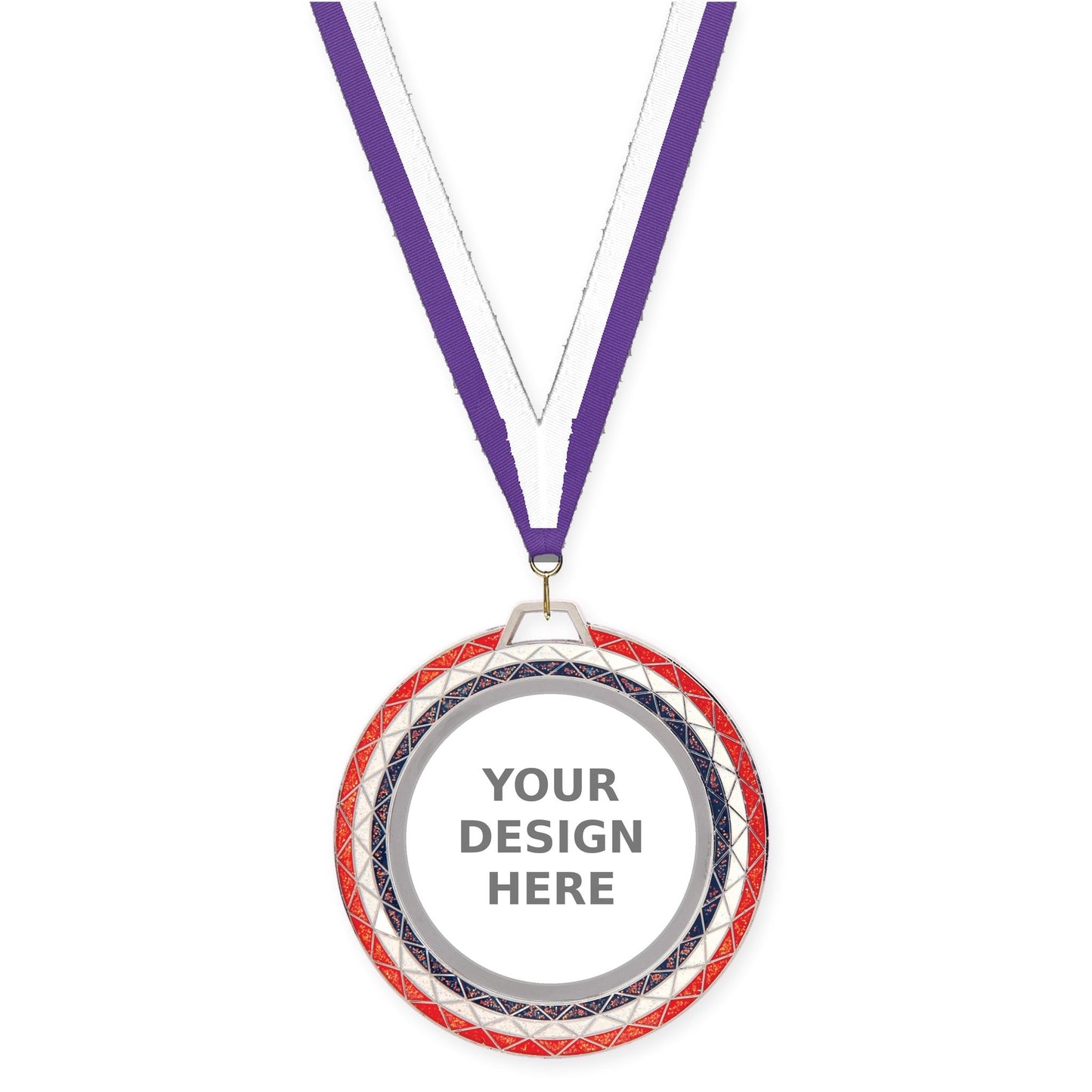 2 3/4 inch Bling insert medal in red white blue with Purple White neck ribbon