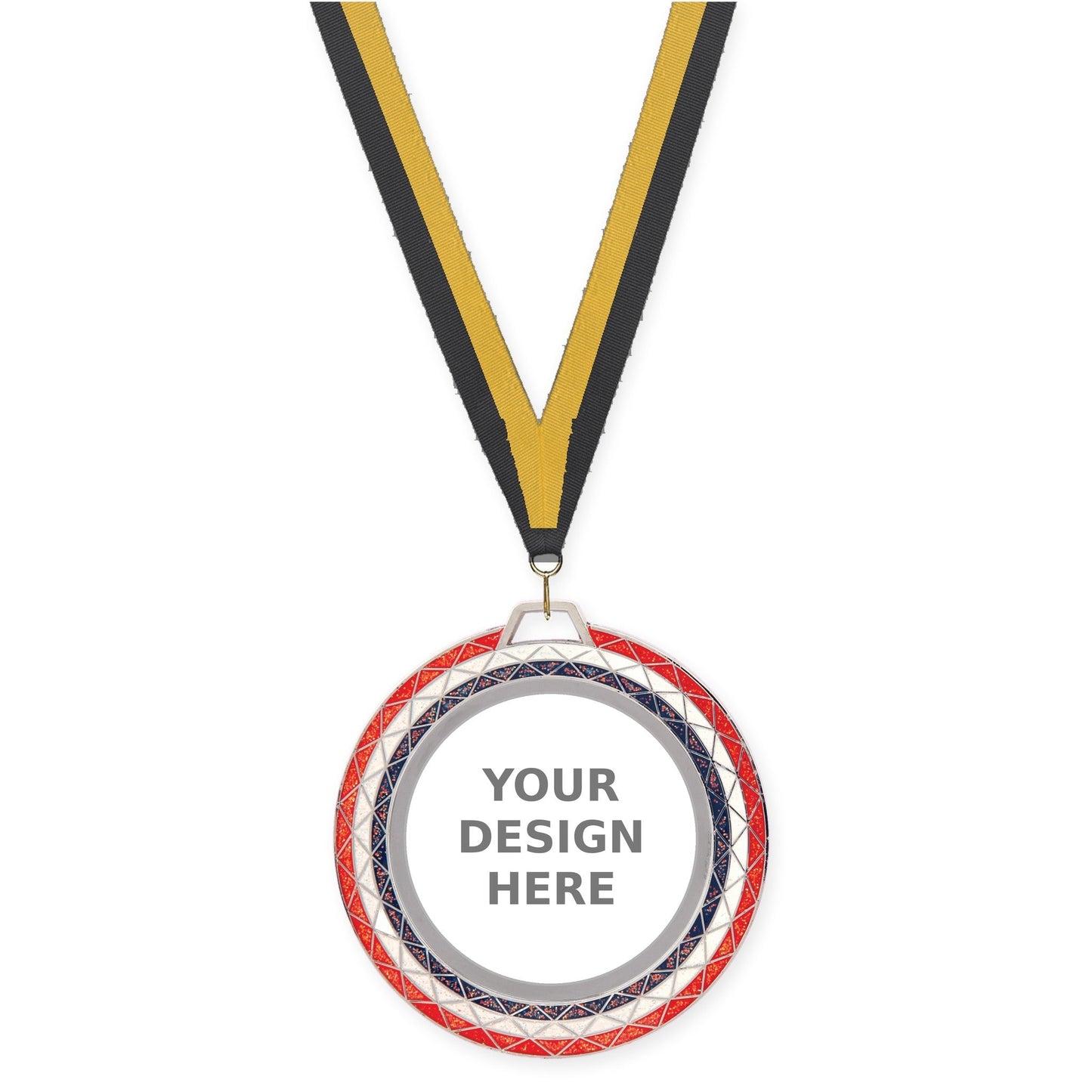 2 3/4 inch Bling insert medal in red white blue with Black Gold neck ribbon