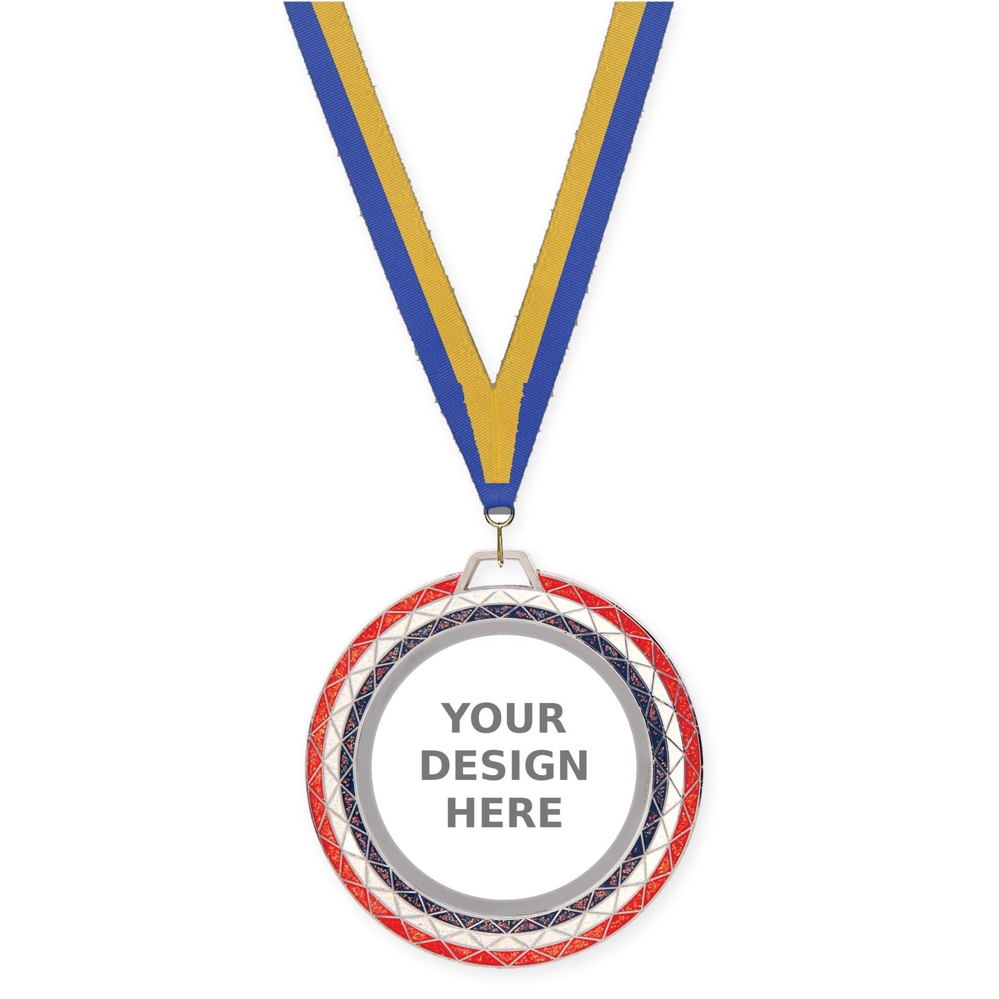 2 3/4 inch Bling insert medal in red white blue with Blue Gold neck ribbon