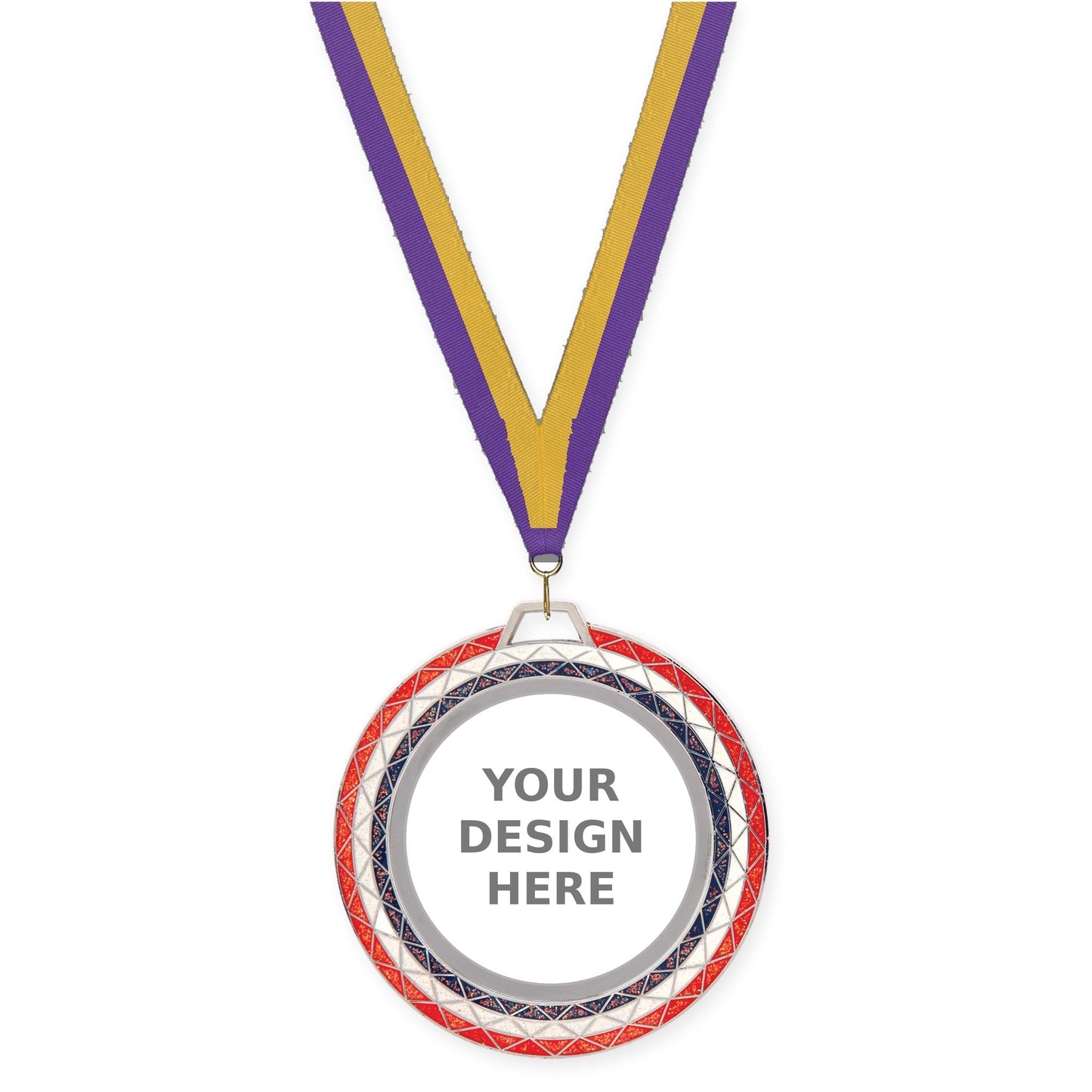2 3/4 inch Bling insert medal in red white blue with Purple Gold neck ribbon
