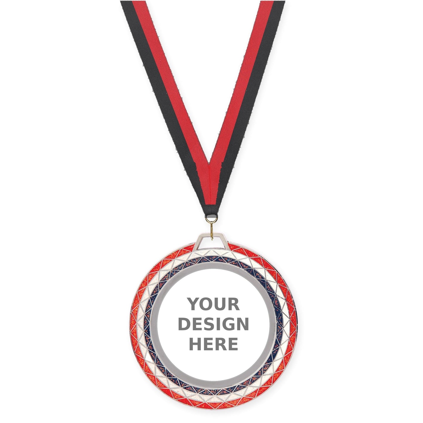 2 3/4 inch Bling insert medal in red white blue with Black Red neck ribbon