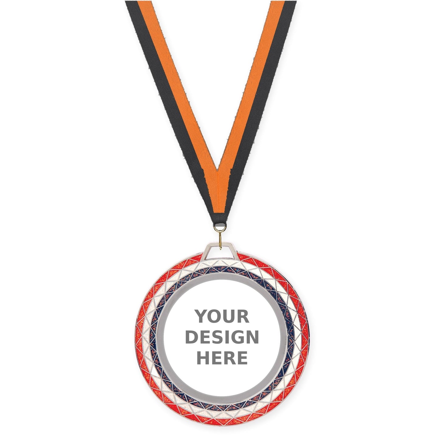 2 3/4 inch Bling insert medal in red white blue with Black Orange neck ribbon