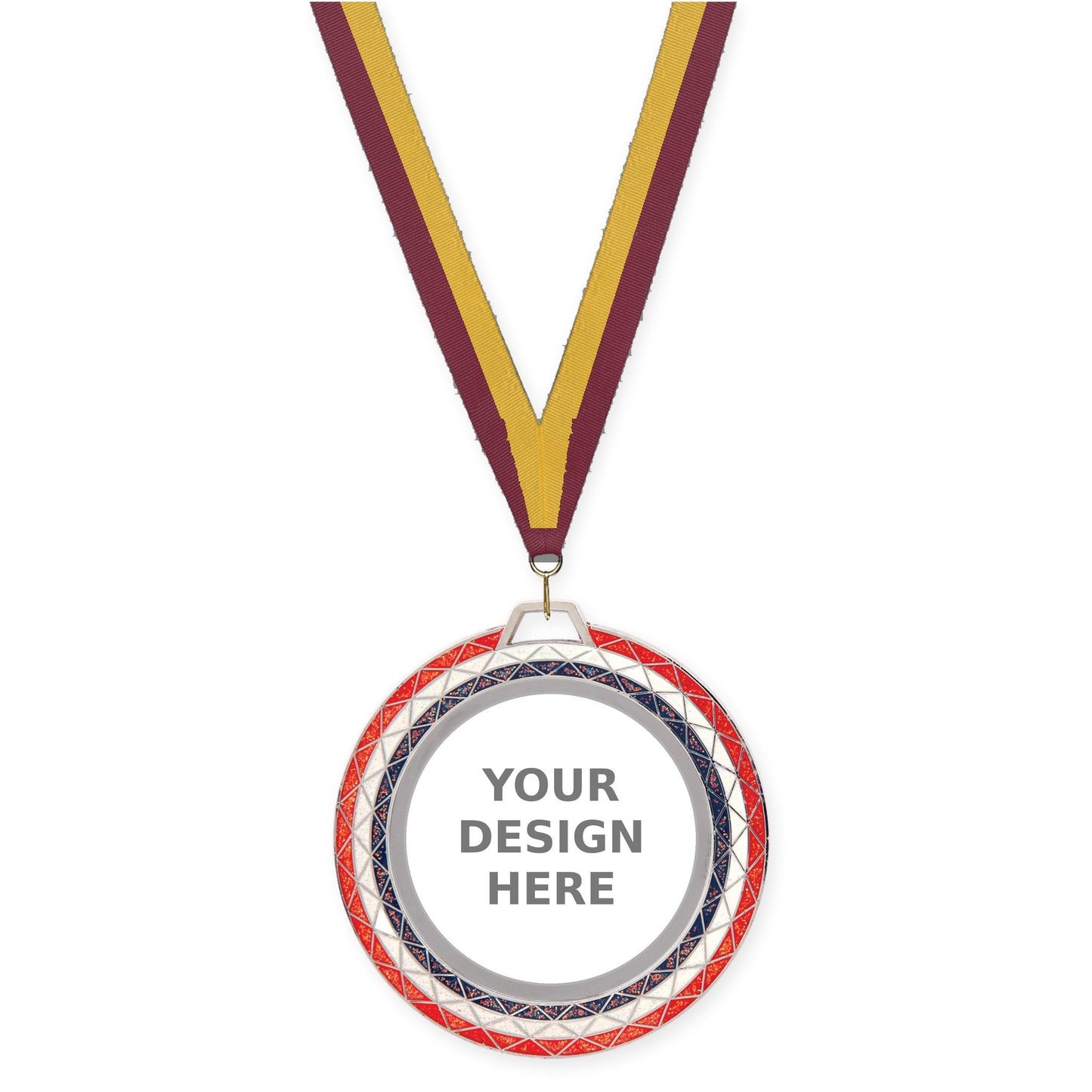 2 3/4 inch Bling insert medal in red white blue with Maroon Gold neck ribbon