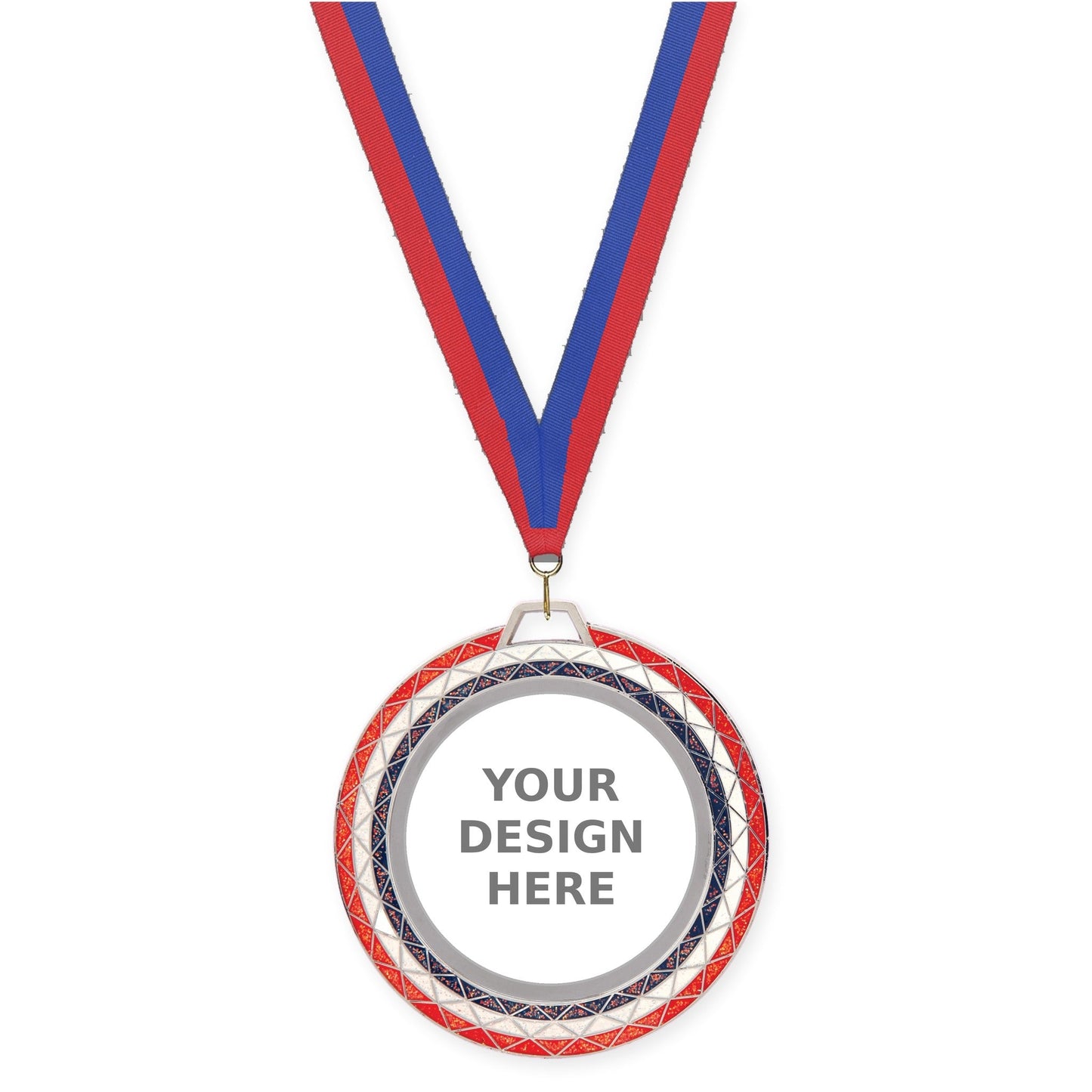 2 3/4 inch Bling insert medal in red white blue with Blue Red neck ribbon