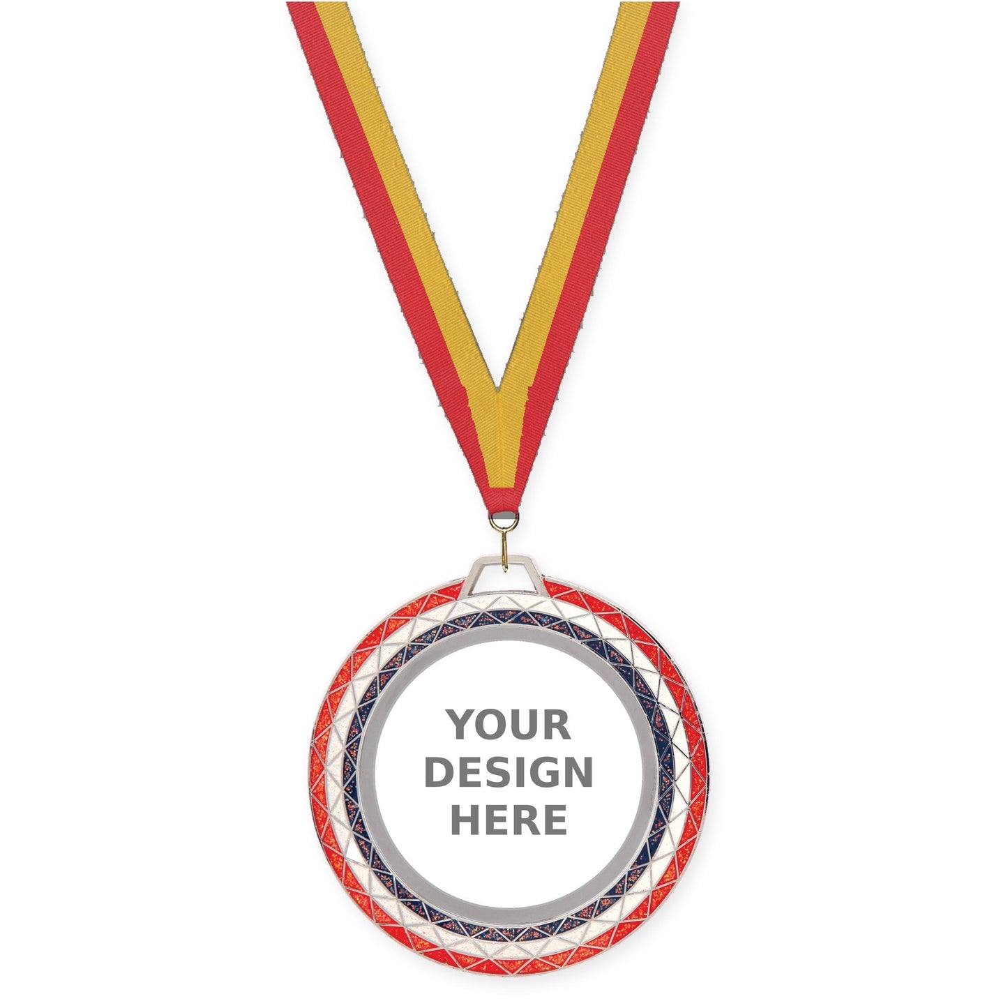 2 3/4 inch Bling insert medal in red white blue with Red Gold neck ribbon