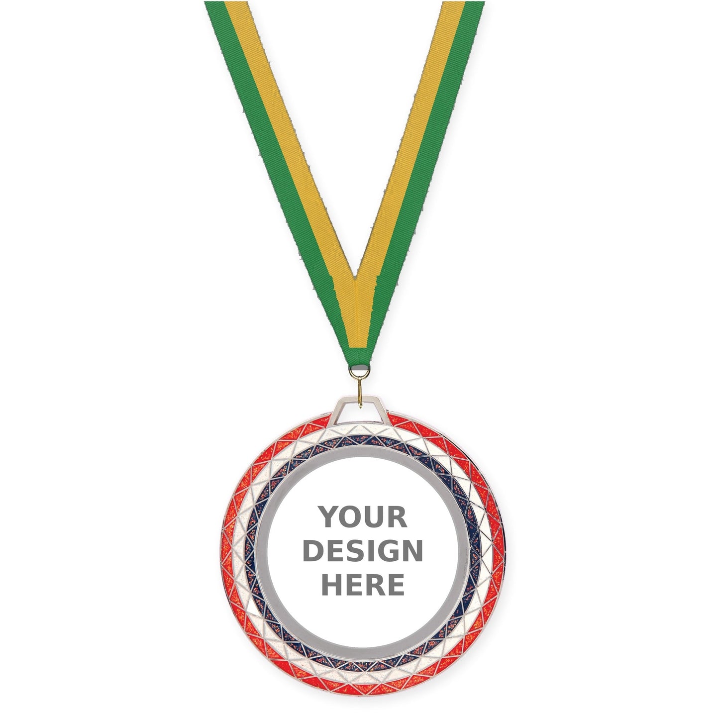 2 3/4 inch Bling insert medal in red white blue with Green Gold neck ribbon