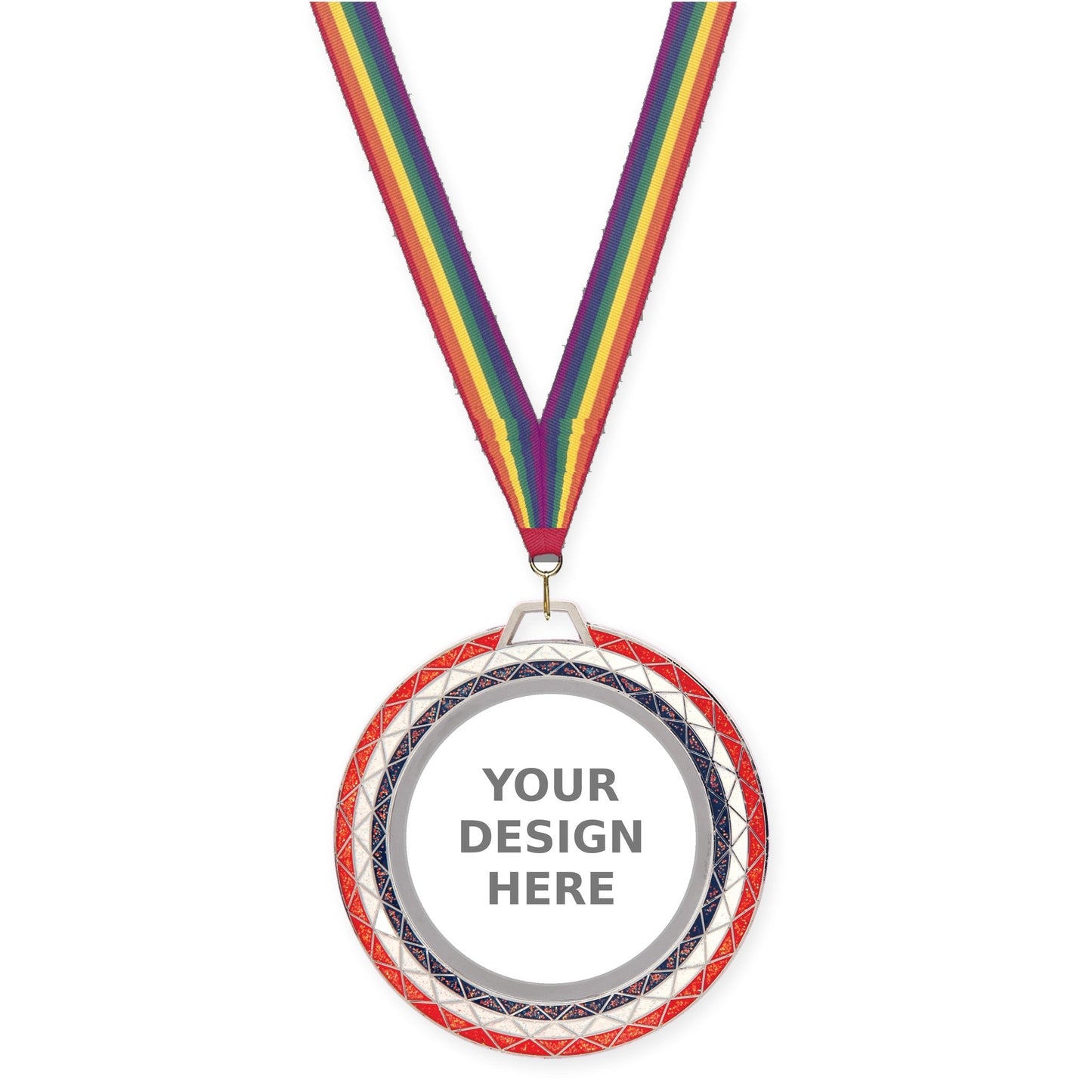 2 3/4 inch Bling insert medal in red white blue with Rainbow neck ribbon