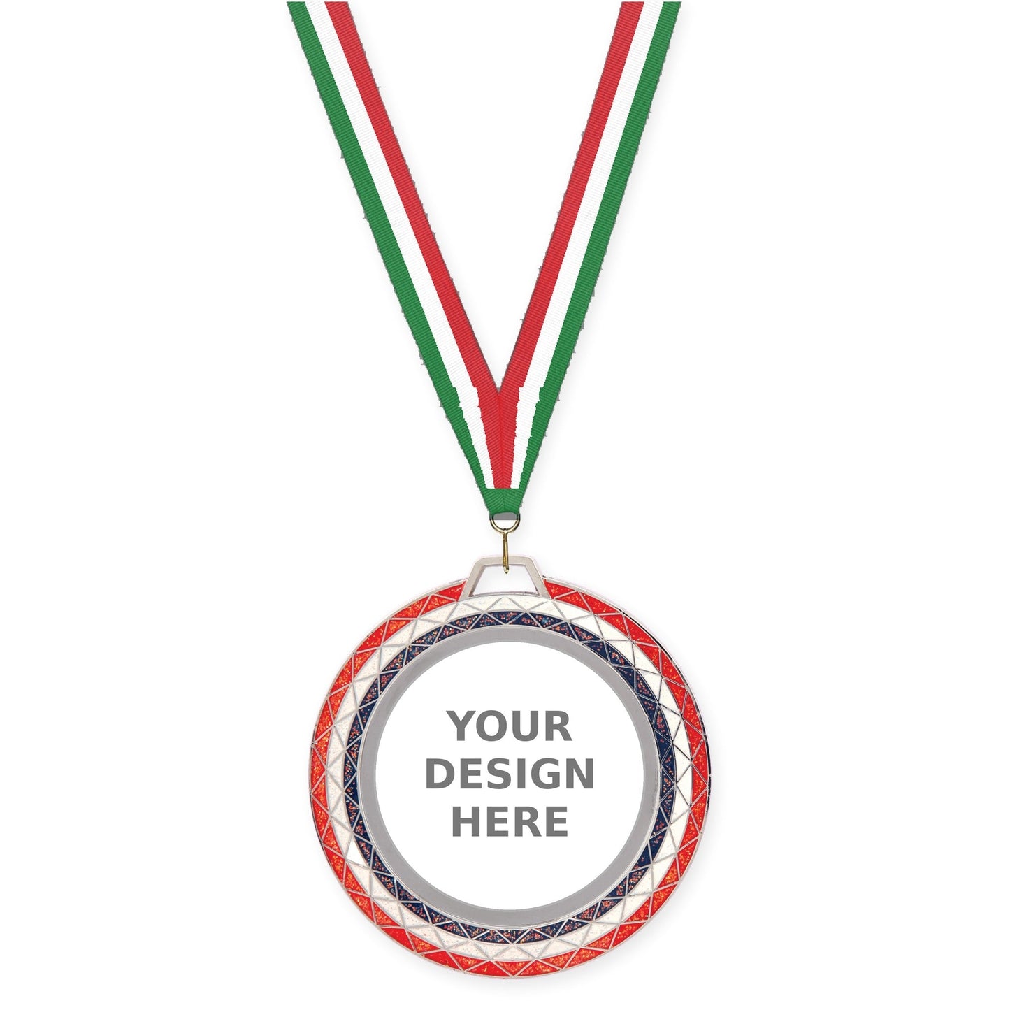 2 3/4 inch Bling insert medal in red white blue with Green White Red neck ribbon