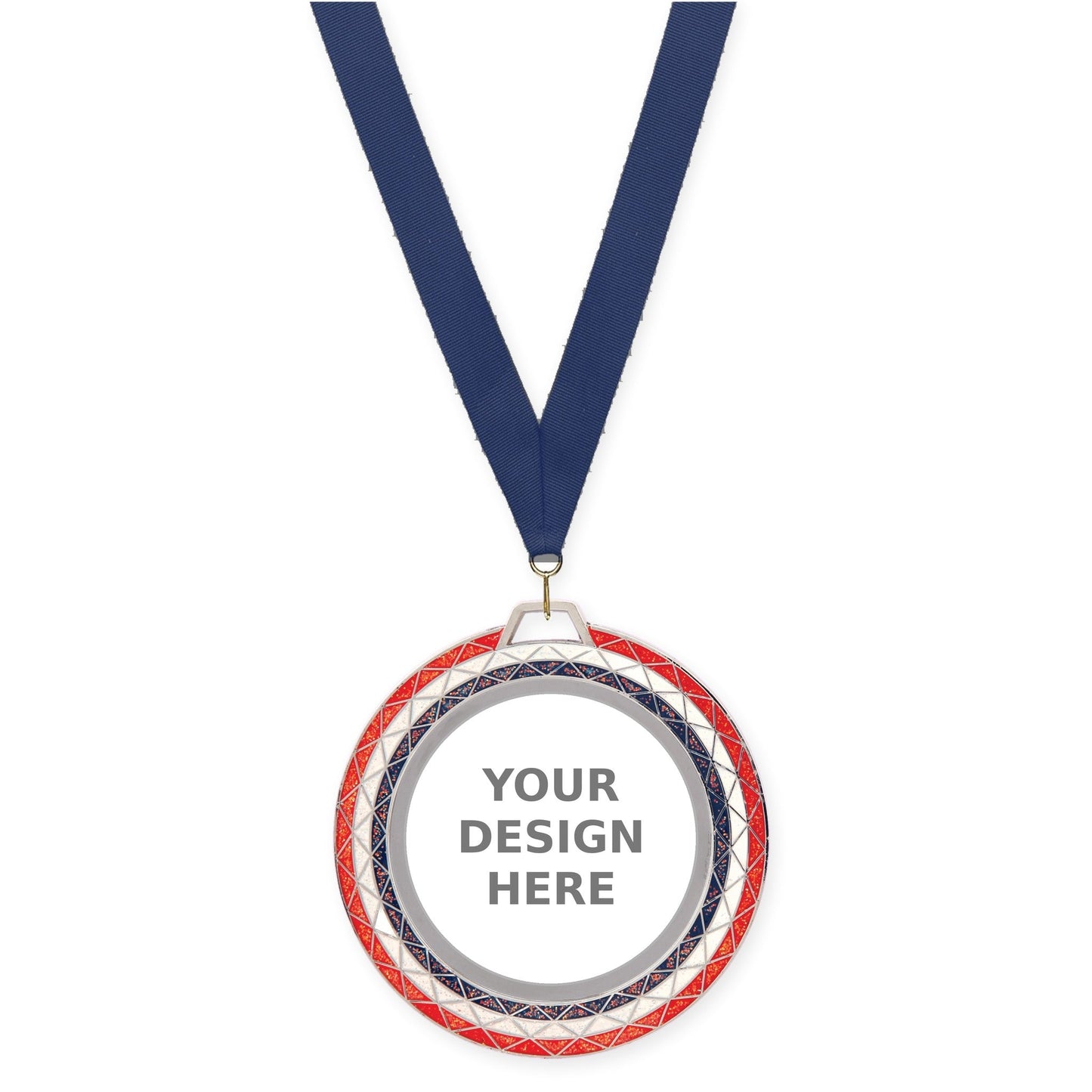 2 3/4 inch Bling insert medal in red white blue with Navy neck ribbon