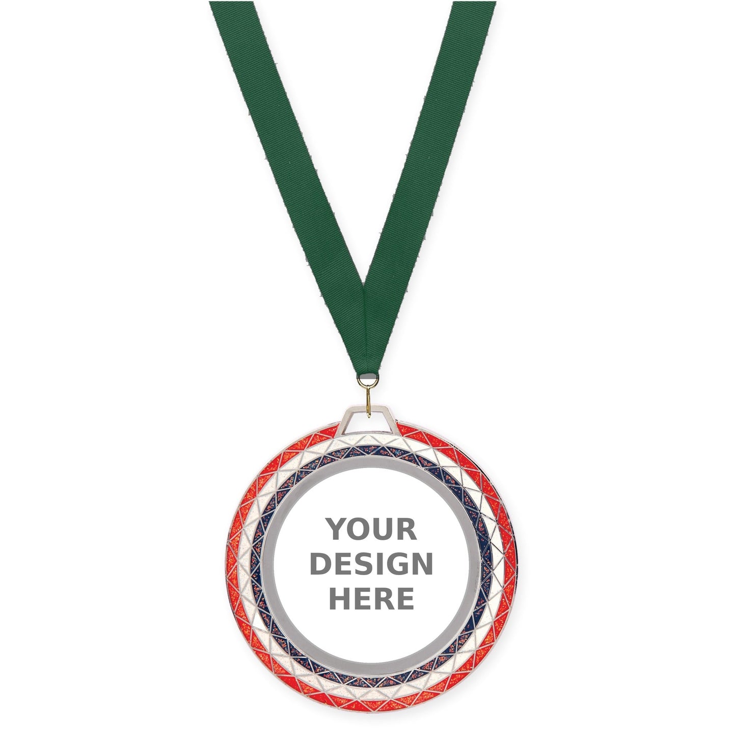 2 3/4 inch Bling insert medal in red white blue with Hunter Green neck ribbon
