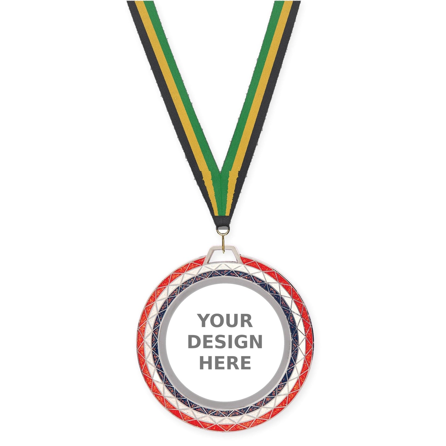 2 3/4 inch Bling insert medal in red white blue with Black Gold Green neck ribbon
