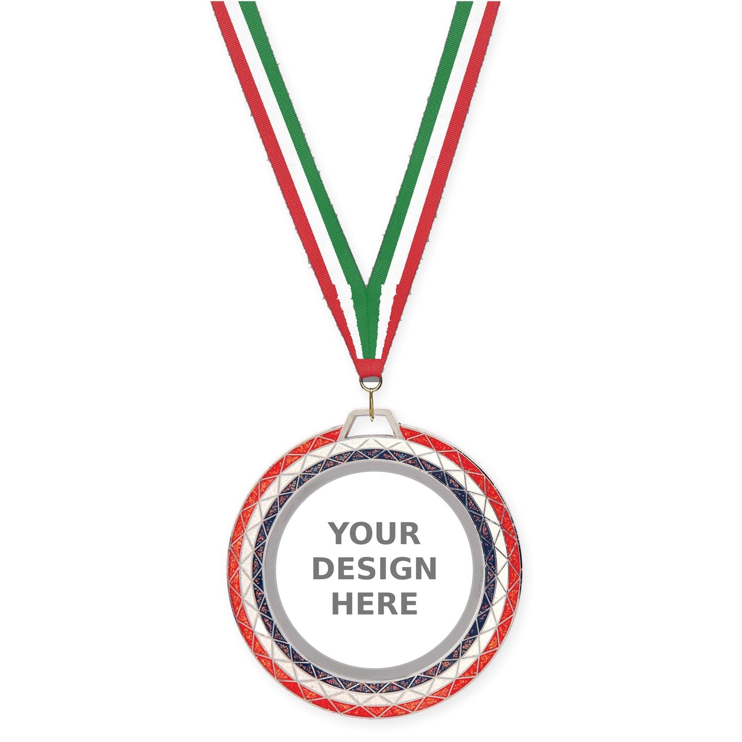 2 3/4 inch Bling insert medal in red white blue with Red White Green neck ribbon