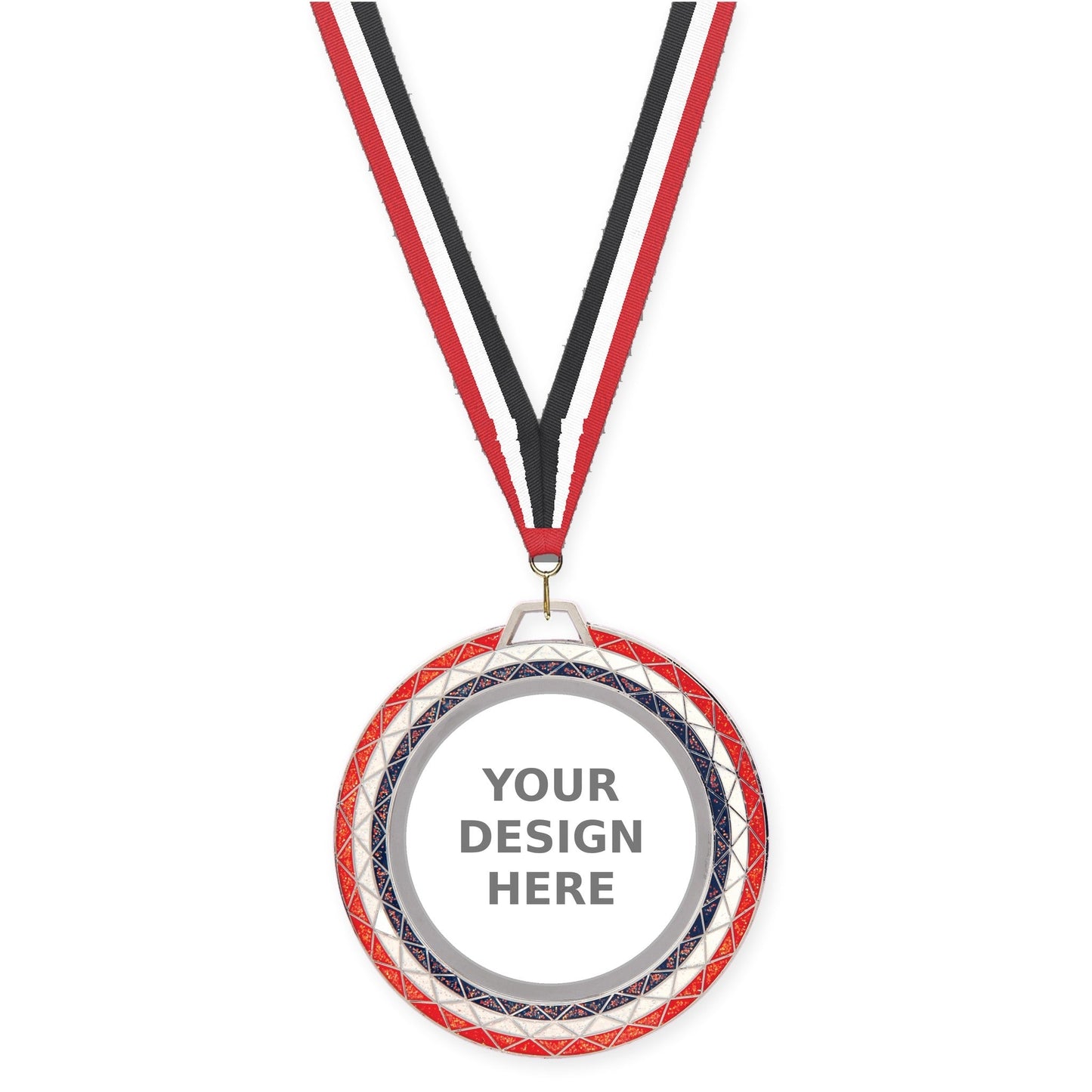 2 3/4 inch Bling insert medal in red white blue with Red White Black neck ribbon