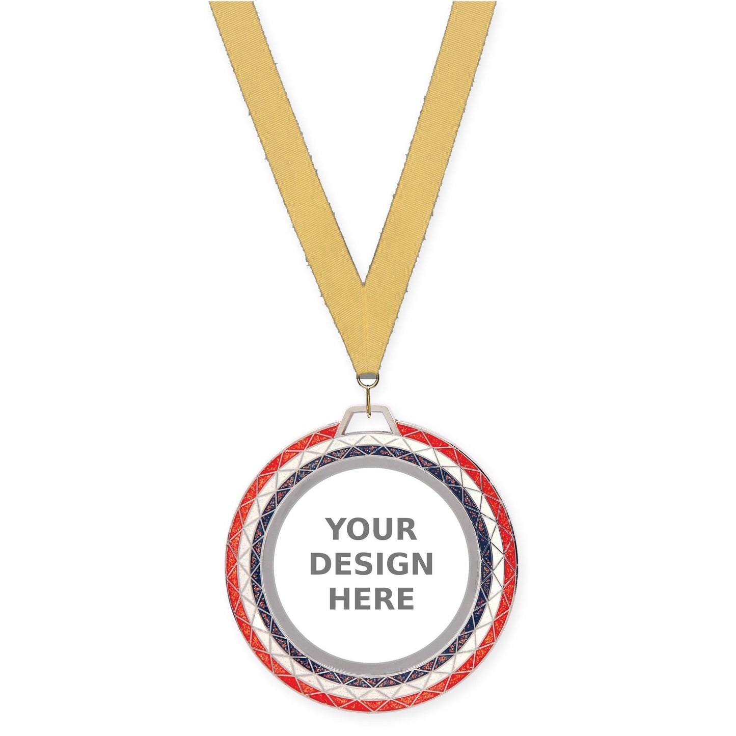 2 3/4 inch Bling insert medal in red white blue with Gold Metallic neck ribbon