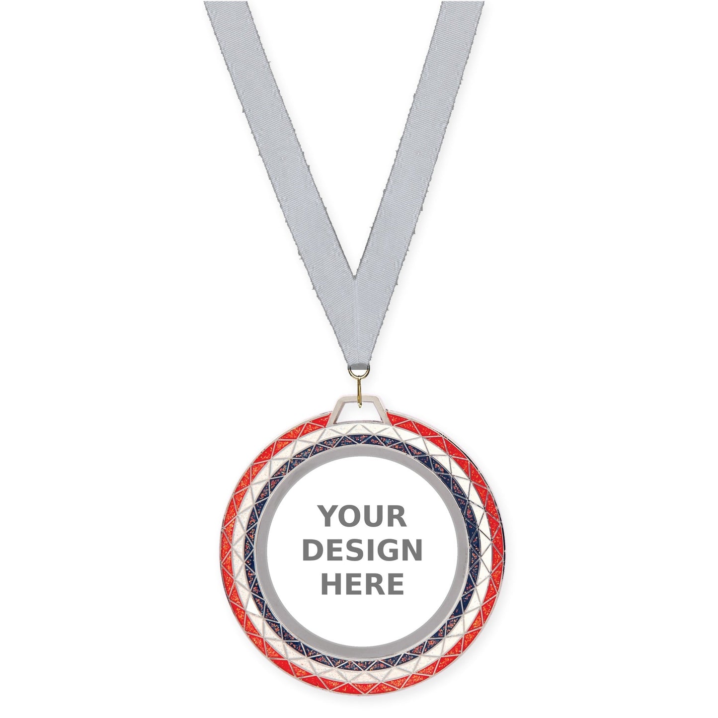 2 3/4 inch Bling insert medal in red white blue with Silver Metallic neck ribbon