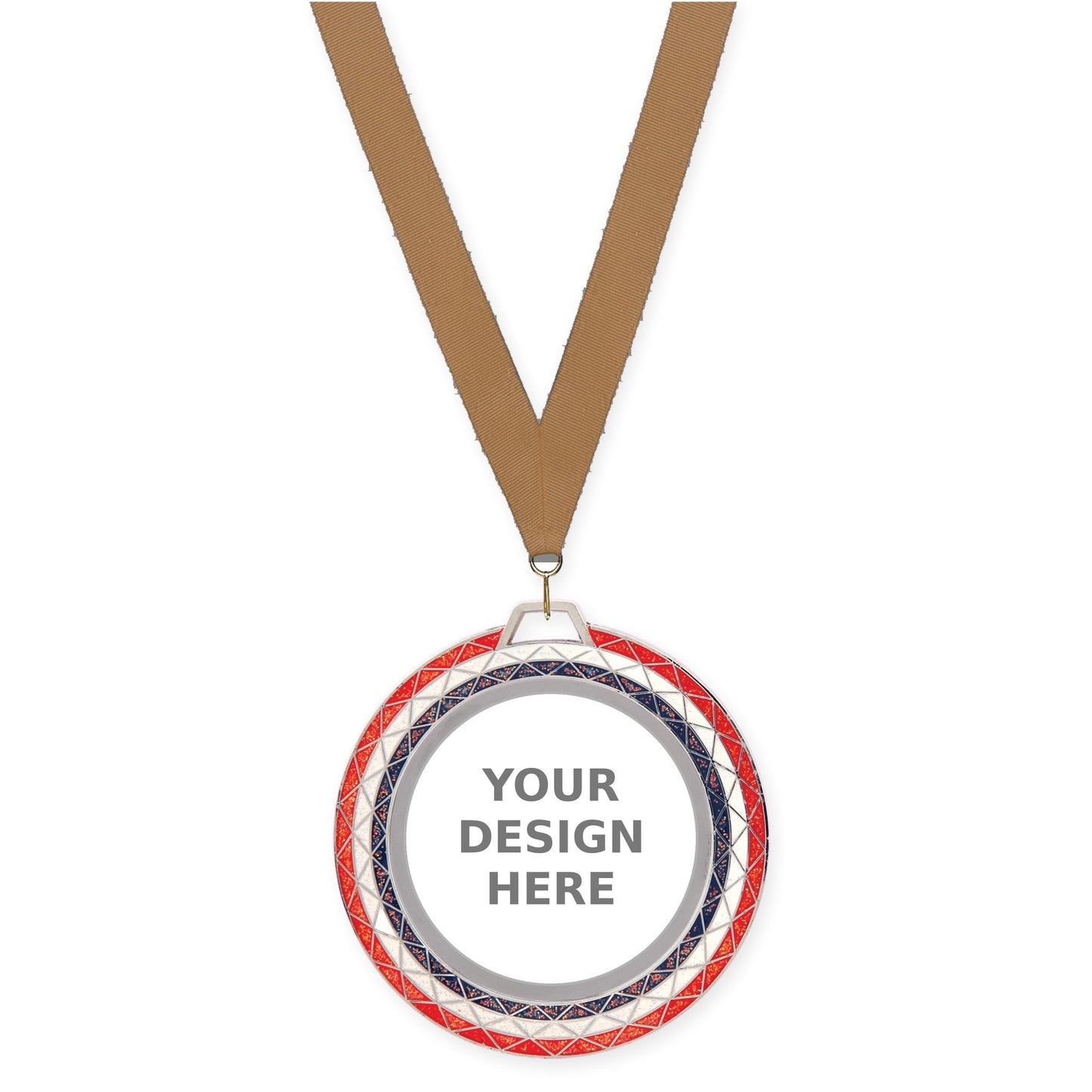 2 3/4 inch Bling insert medal in red white blue with Bronze Metallic neck ribbon