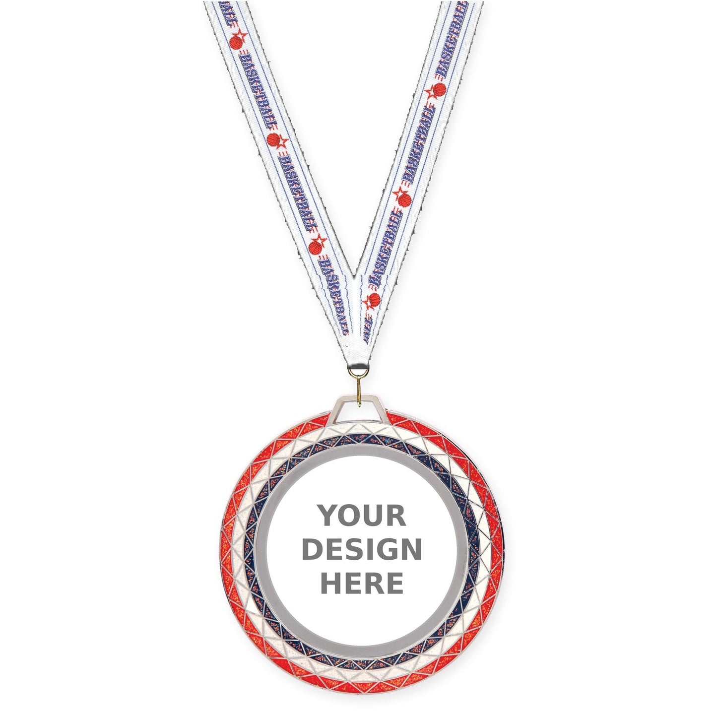 2 3/4 inch Bling insert medal in red white blue with Basketball neck ribbon