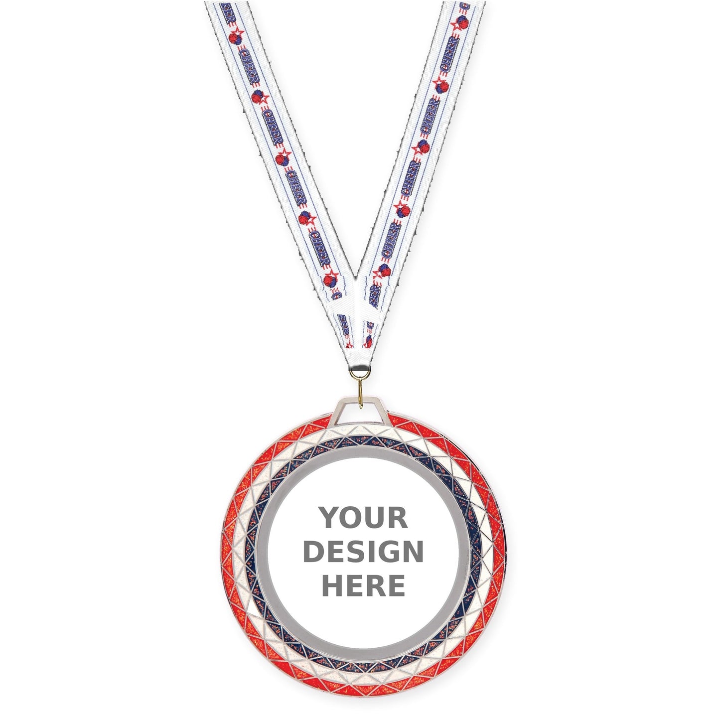2 3/4 inch Bling insert medal in red white blue with Cheerleading neck ribbon