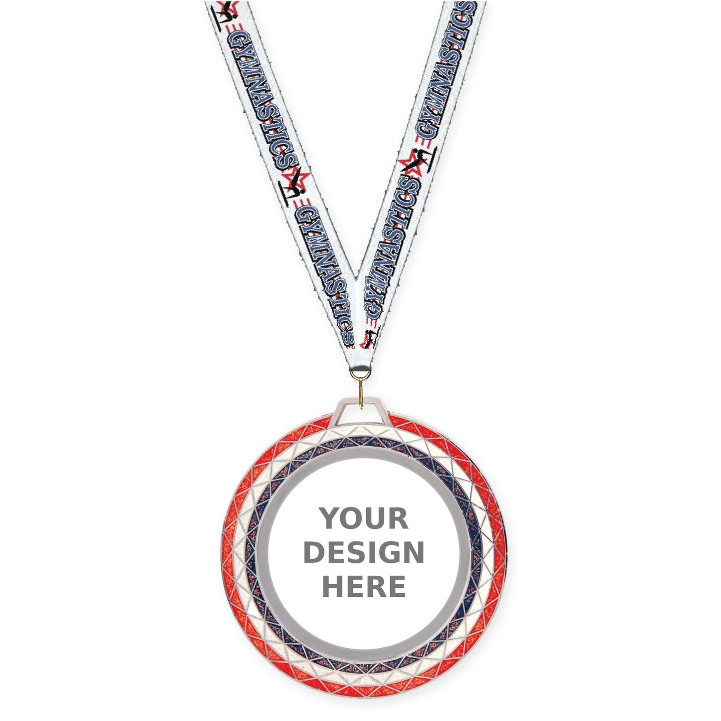 2 3/4 inch Bling insert medal in red white blue with Gymnastics neck ribbon