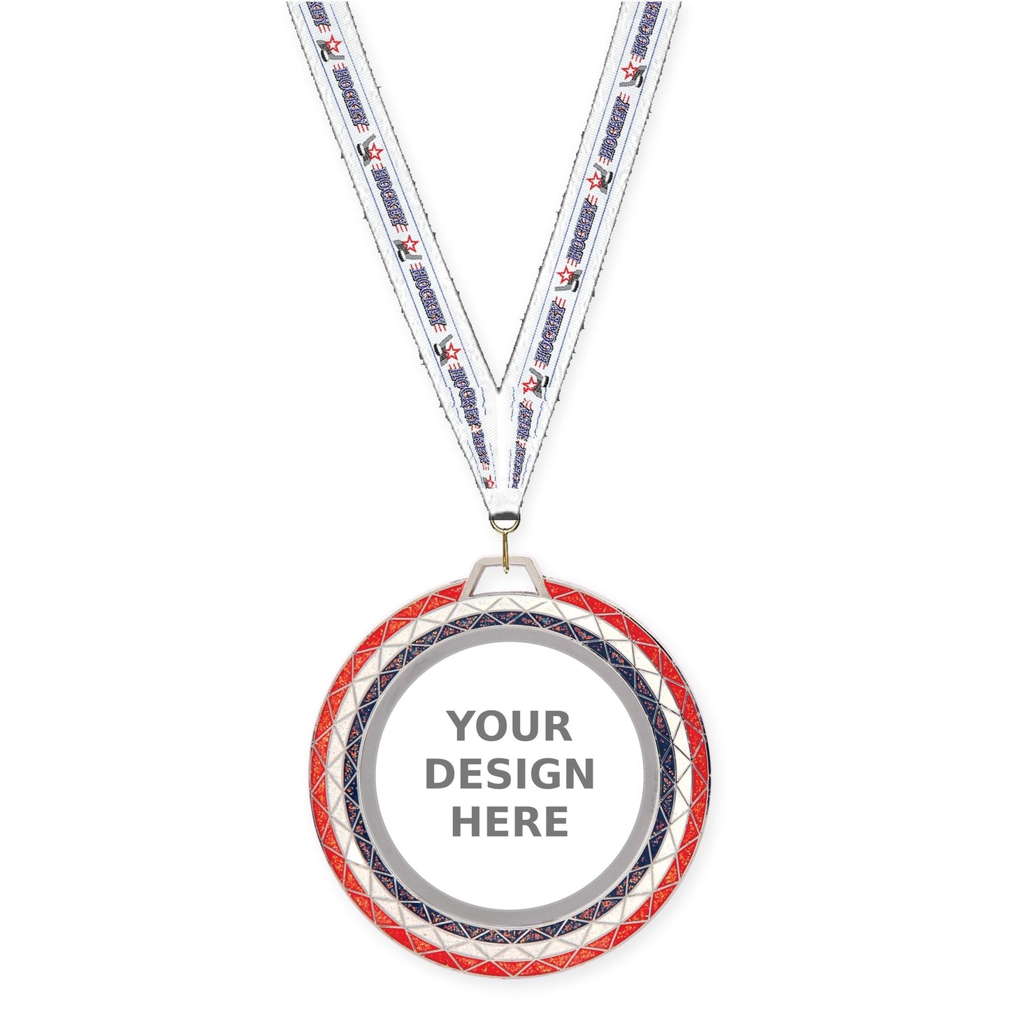 2 3/4 inch Bling insert medal in red white blue with Hockey neck ribbon