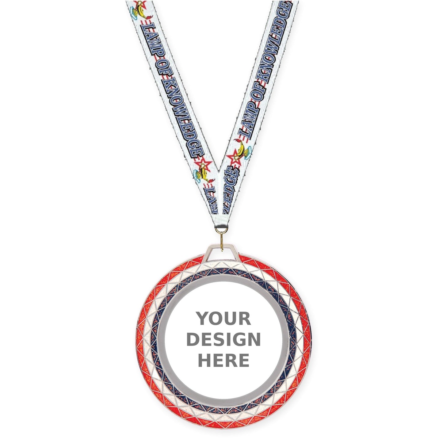 2 3/4 inch Bling insert medal in red white blue with Lamp Of Knowledge neck ribbon