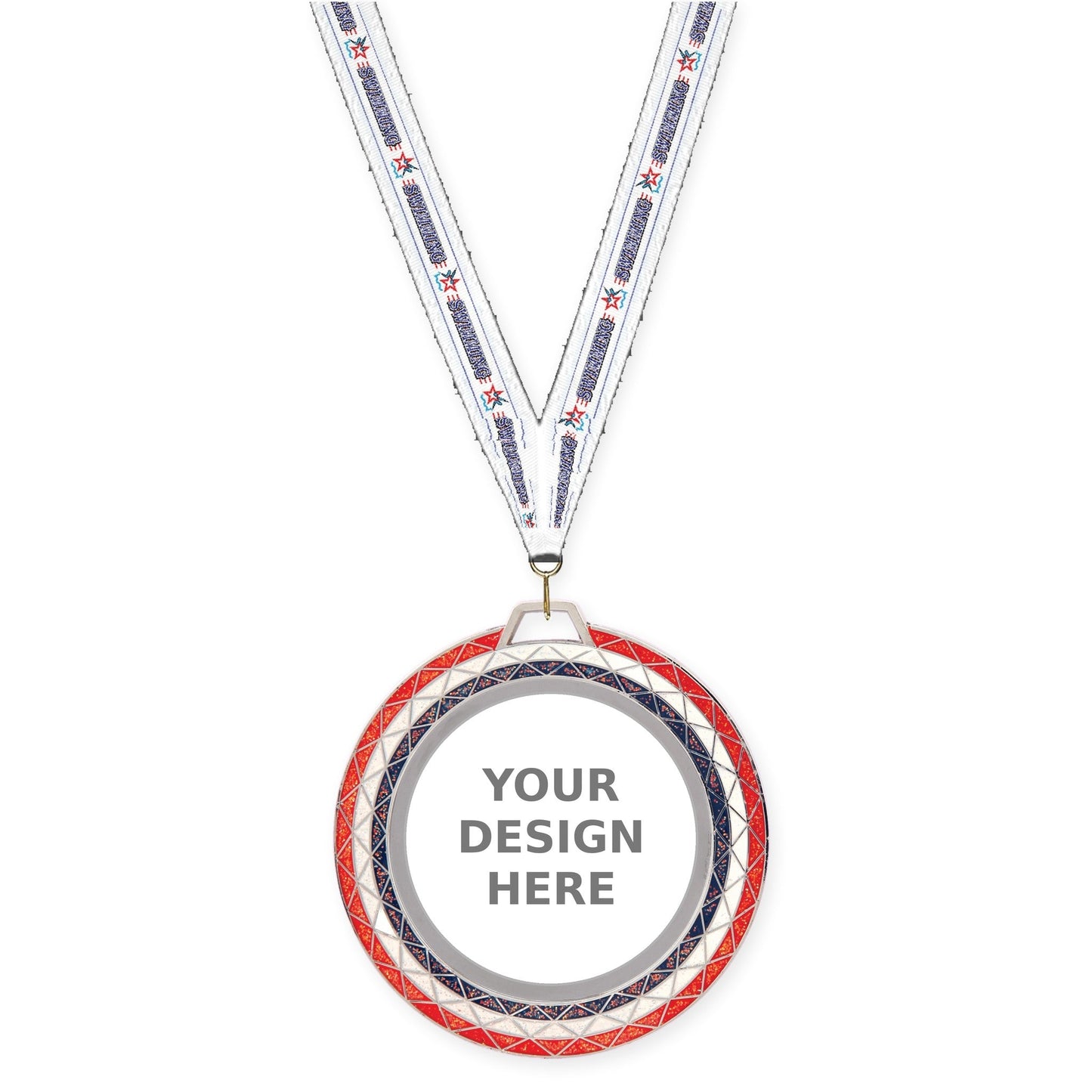2 3/4 inch Bling insert medal in red white blue with Swimming neck ribbon