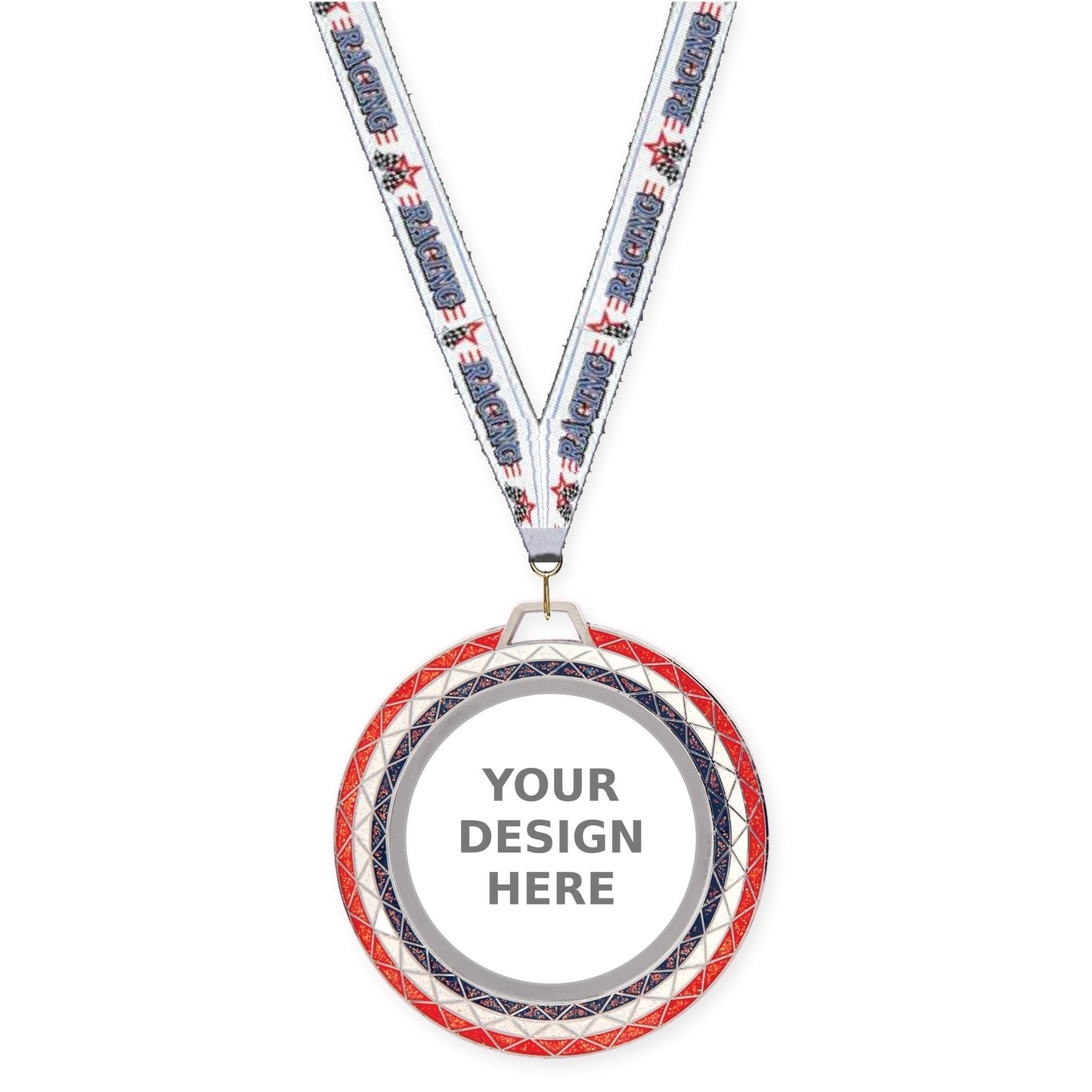 2 3/4 inch Bling insert medal in red white blue with Auto Racing neck ribbon