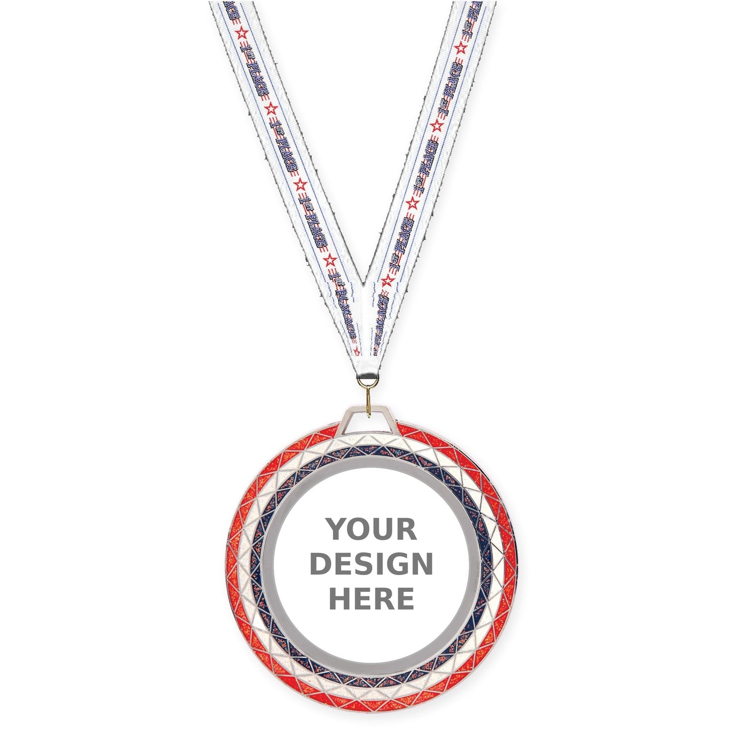 2 3/4 inch Bling insert medal in red white blue with 1st Place neck ribbon