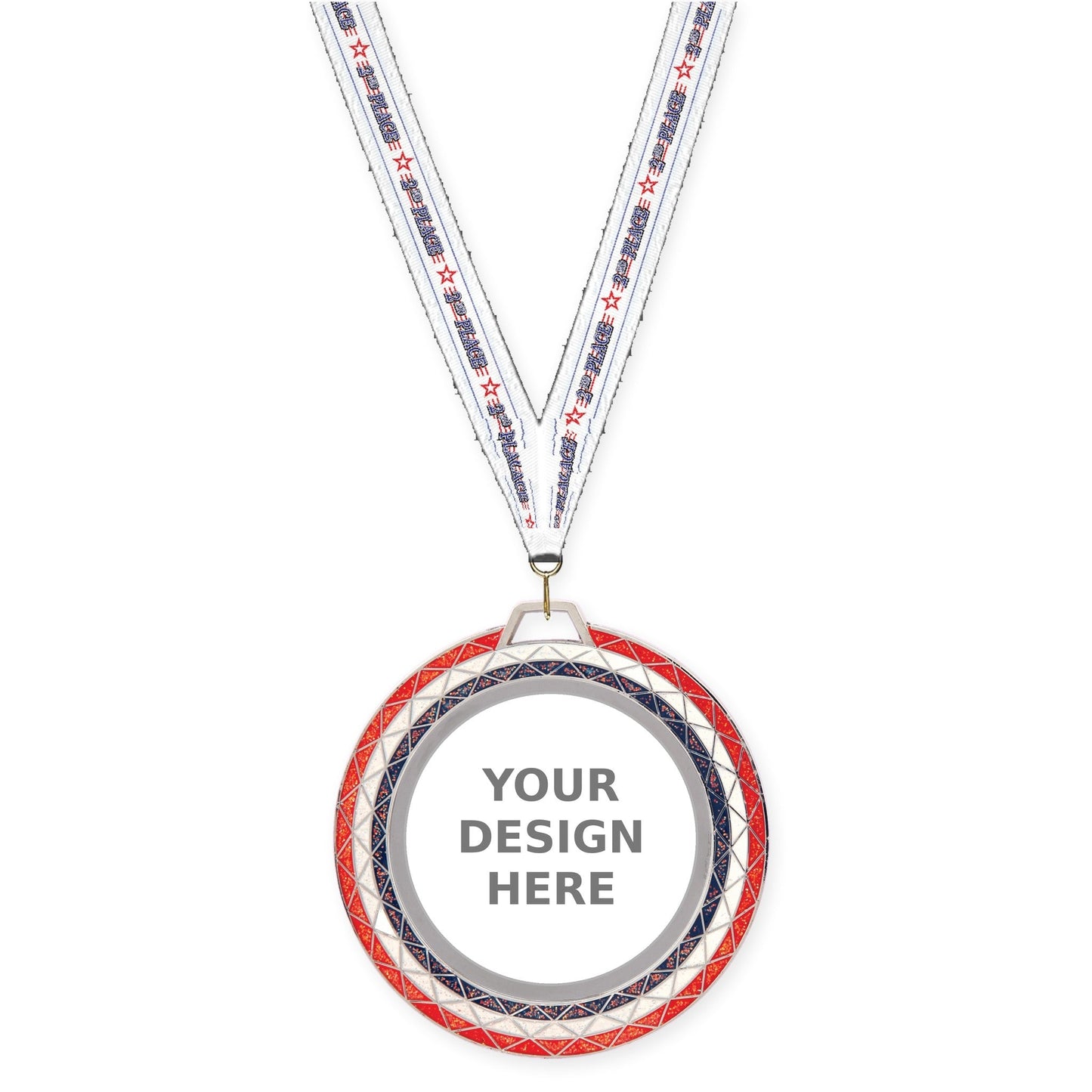 2 3/4 inch Bling insert medal in red white blue with 2nd Place neck ribbon