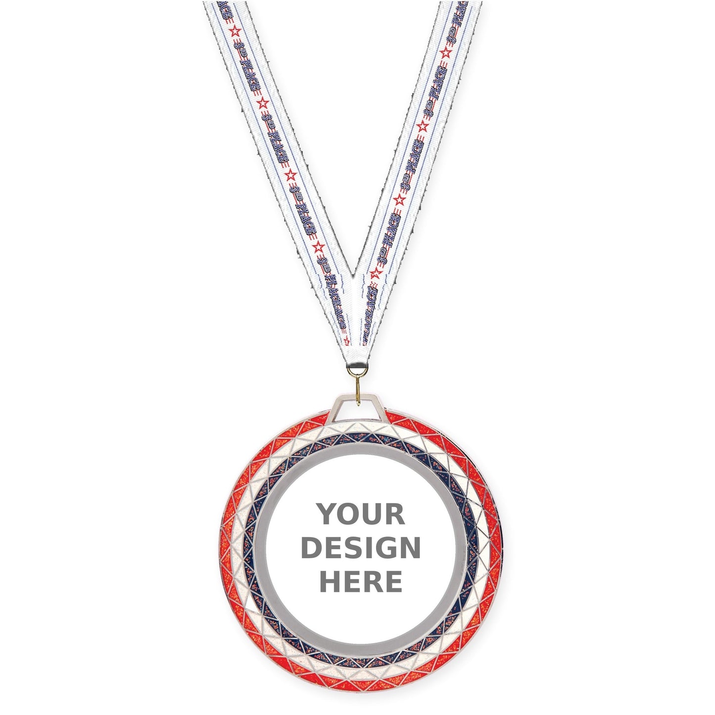 2 3/4 inch Bling insert medal in red white blue with 3rd Place neck ribbon