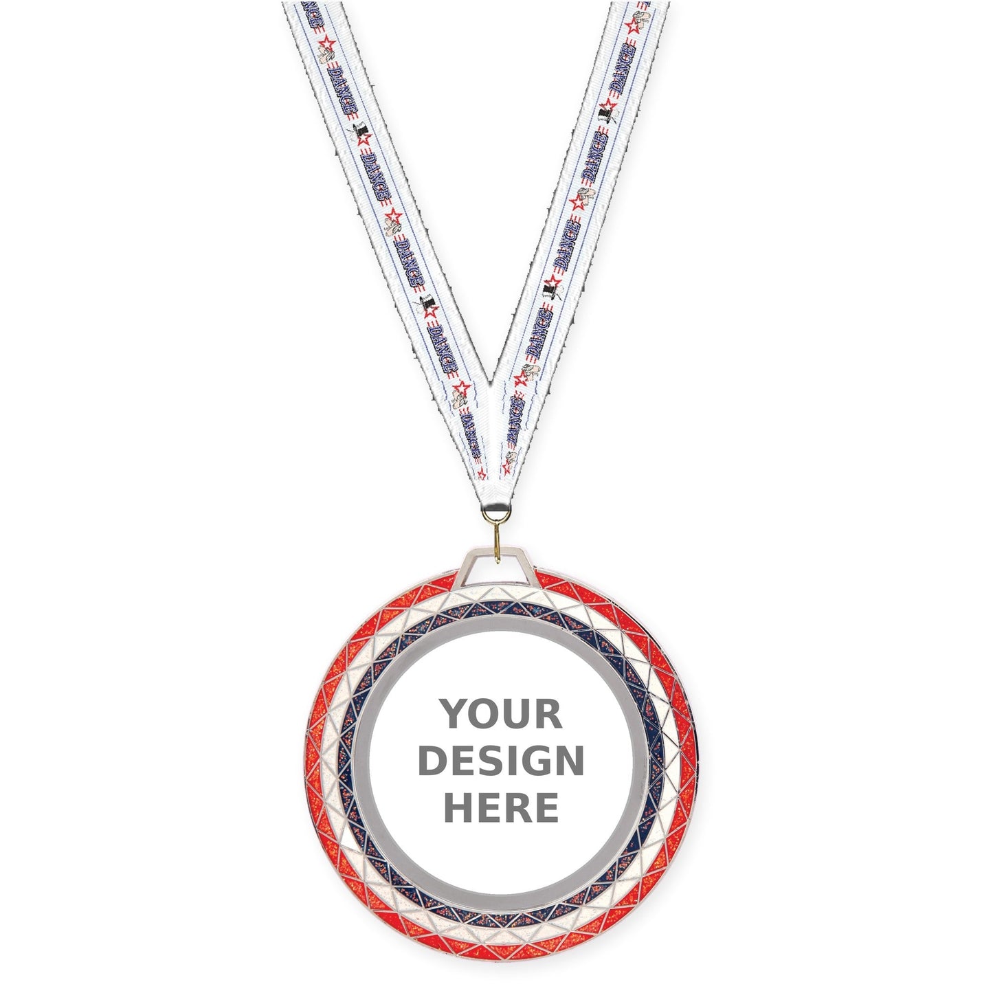 2 3/4 inch Bling insert medal in red white blue with Dance neck ribbon