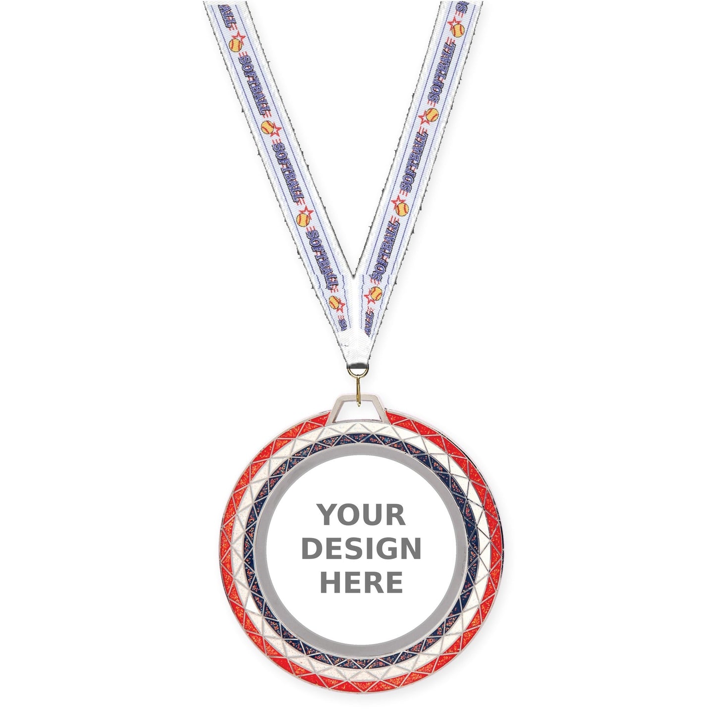 2 3/4 inch Bling insert medal in red white blue with Softball neck ribbon