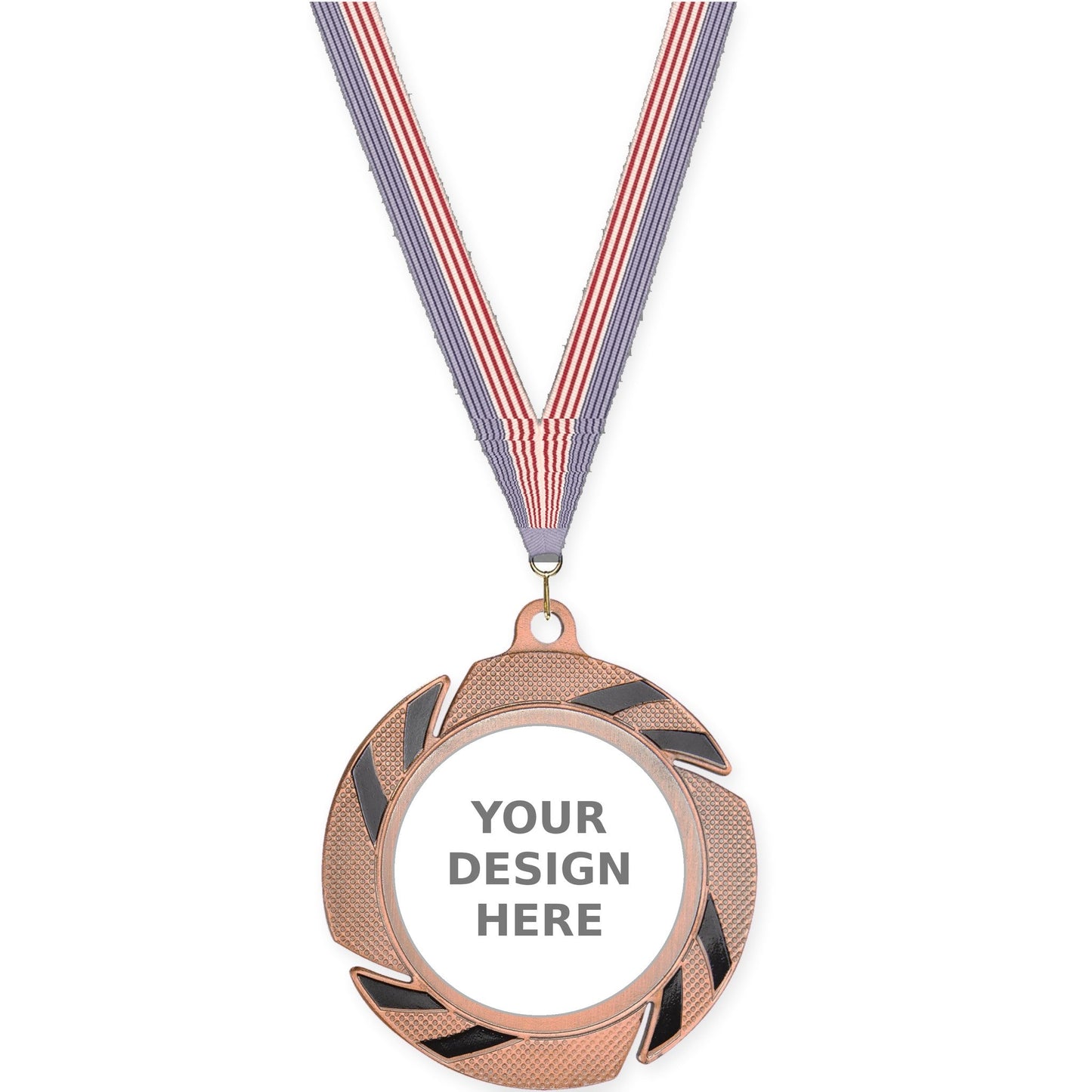 2 3/4 inch Two-Tone Swoosh insert medal in bronze/black with USA Flag neck ribbon