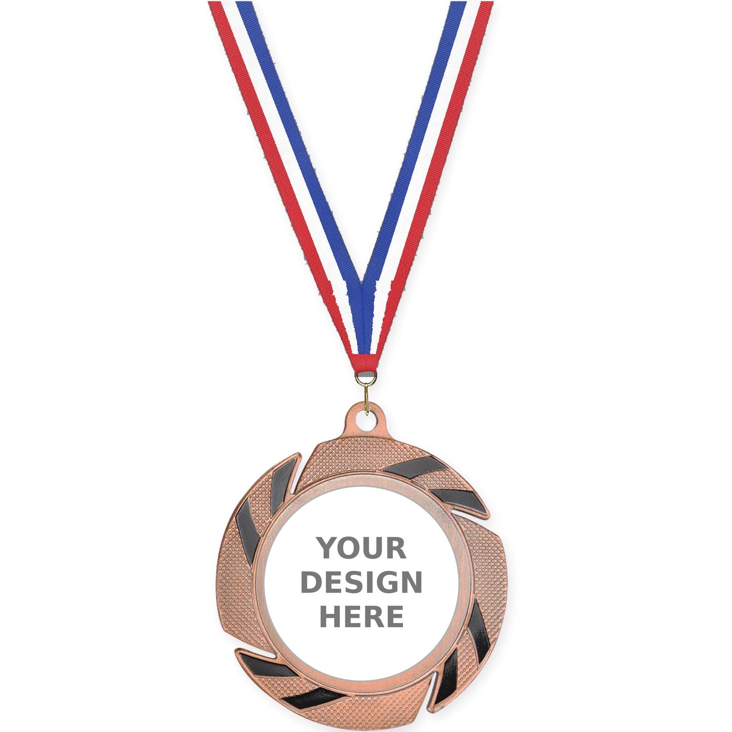 2 3/4 inch Two-Tone Swoosh insert medal in bronze/black with Red White Blue neck ribbon