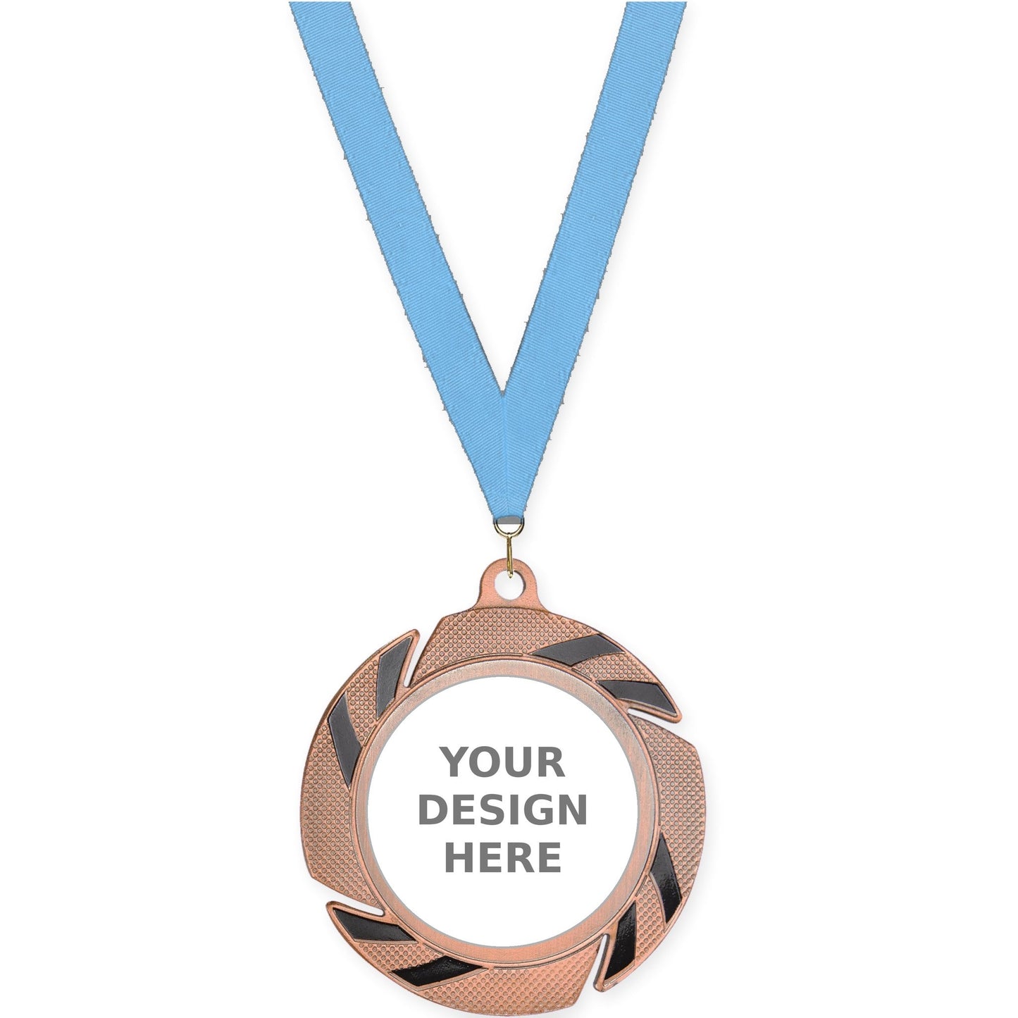 2 3/4 inch Two-Tone Swoosh insert medal in bronze/black with Light Blue neck ribbon