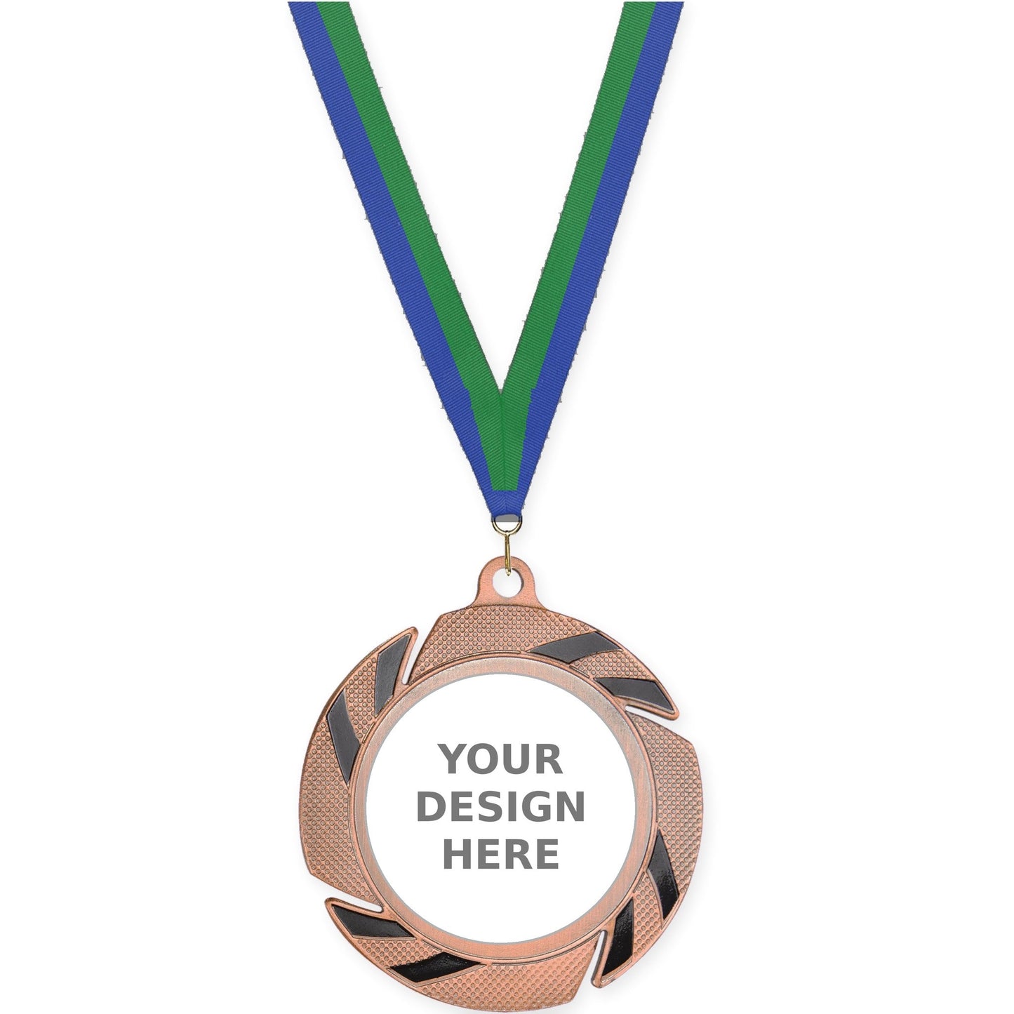 2 3/4 inch Two-Tone Swoosh insert medal in bronze/black with Blue Green neck ribbon