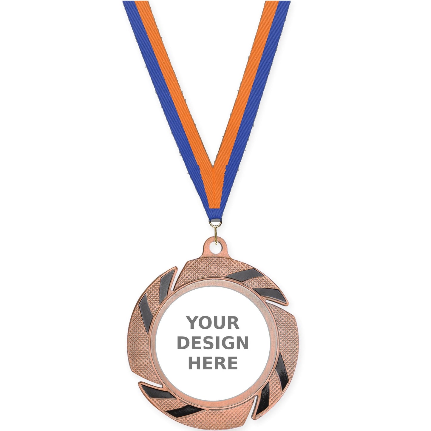 2 3/4 inch Two-Tone Swoosh insert medal in bronze/black with Blue Orange neck ribbon