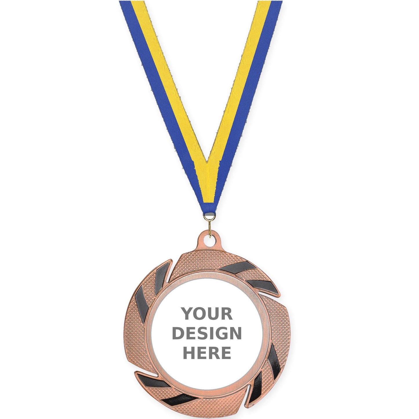 2 3/4 inch Two-Tone Swoosh insert medal in bronze/black with Blue Yellow neck ribbon
