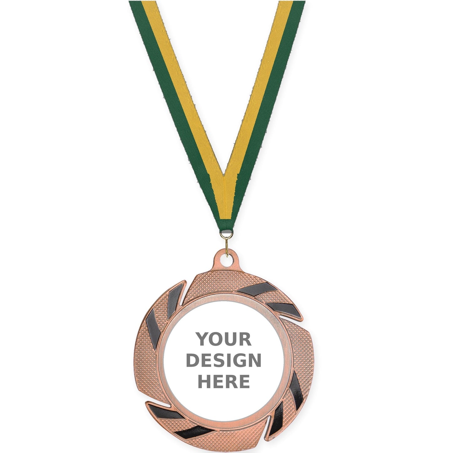2 3/4 inch Two-Tone Swoosh insert medal in bronze/black with Hunter Green Gold neck ribbon